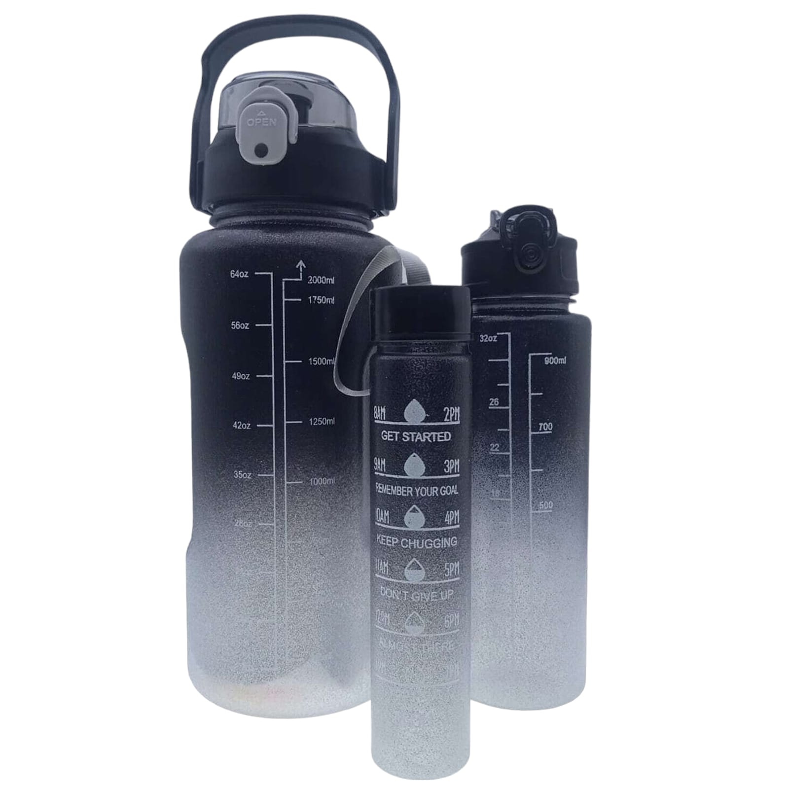 Botella De Agua set 3 botellas  Motivacional Deportiva   2lt, 1lt y 300ml Negra stikers.