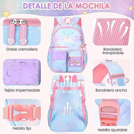 A Nasjac Mochilas Escolares para Niñas de Primaria, 7 Piezas Gran Capacidad Mochila Infantil Adolescentes con Fiambrera y Estuche, Impermeable Bolsa Escolar para Niños