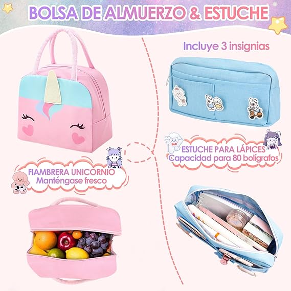 A Nasjac Mochilas Escolares para Niñas de Primaria, 7 Piezas Gran Capacidad Mochila Infantil Adolescentes con Fiambrera y Estuche, Impermeable Bolsa Escolar para Niños