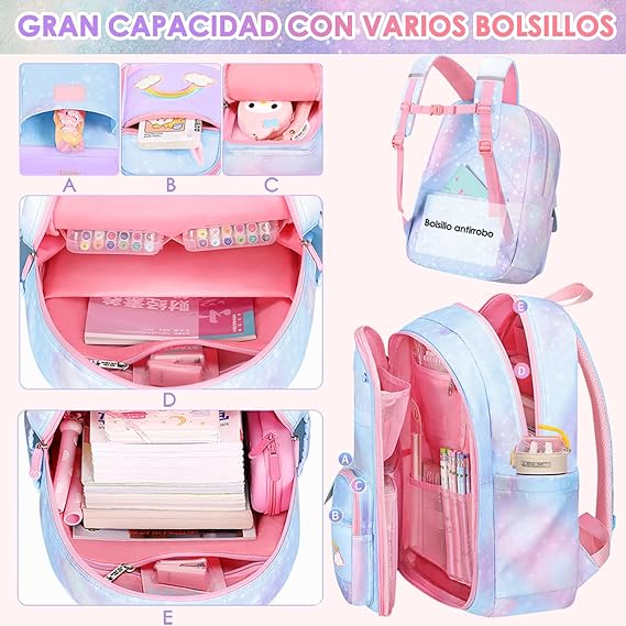A Nasjac Mochilas Escolares para Niñas de Primaria, 7 Piezas Gran Capacidad Mochila Infantil Adolescentes con Fiambrera y Estuche, Impermeable Bolsa Escolar para Niños