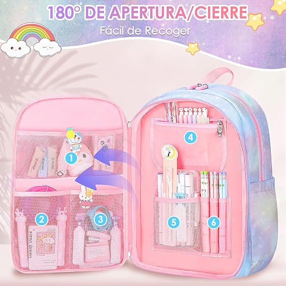 A Nasjac Mochilas Escolares para Niñas de Primaria, 7 Piezas Gran Capacidad Mochila Infantil Adolescentes con Fiambrera y Estuche, Impermeable Bolsa Escolar para Niños