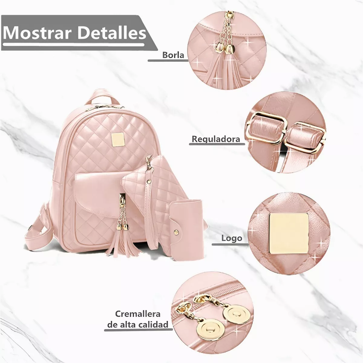 Mochilas Damas Bolsas De Cuero Versátil Rosa Conjunto 3 Pack