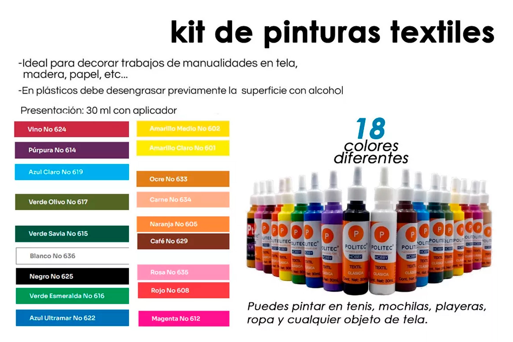 Kit Pintura Textil Tenis Mochilas Policraft 30 Ml
