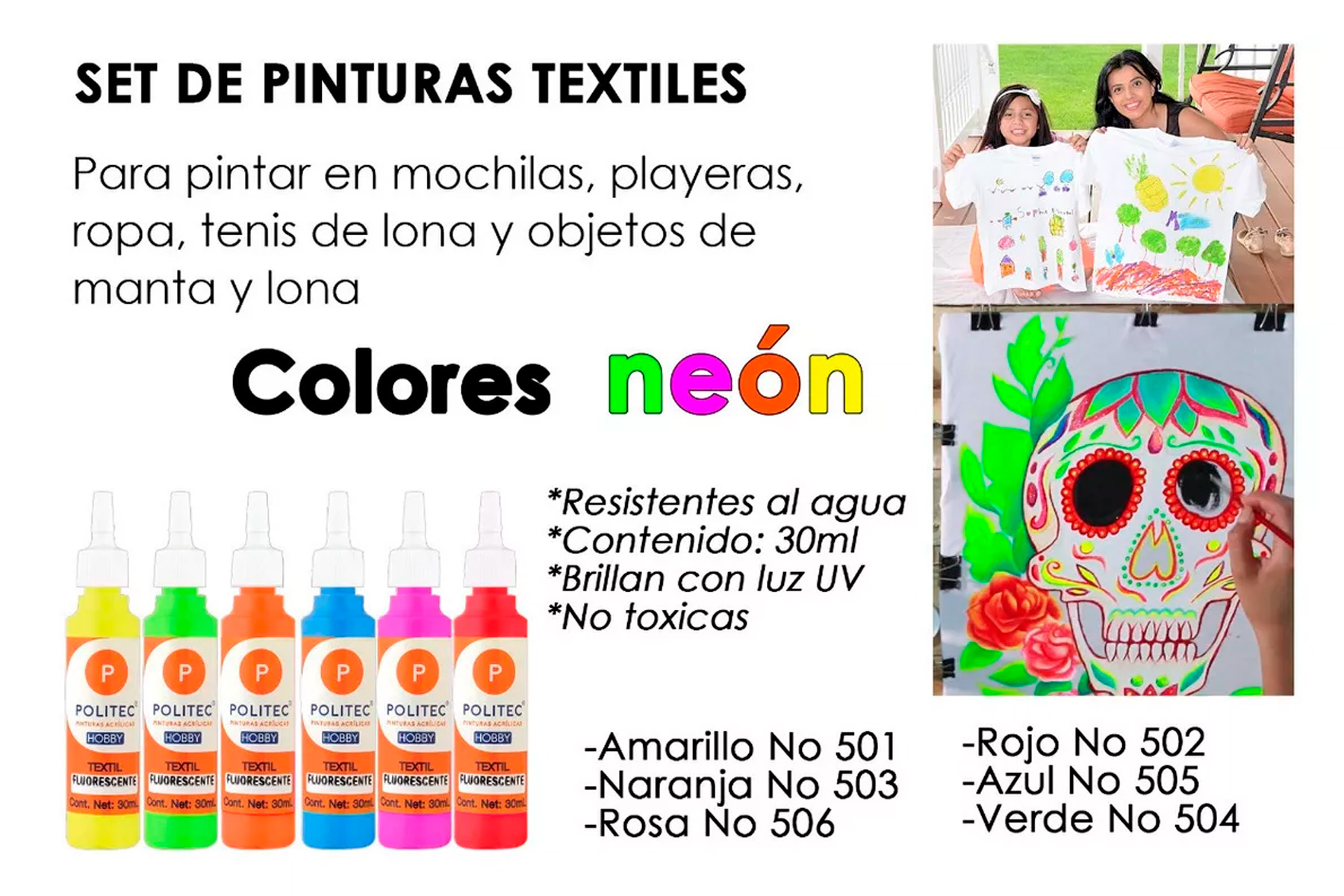 Kit Pintura Textil Neon Tenis Mochilas Playeras Ropa Fluores