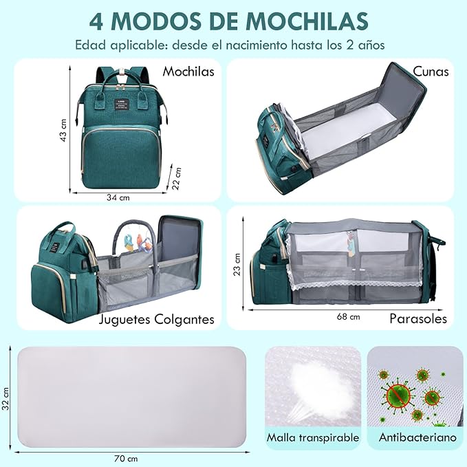 A Nasjac Mochila Pañalera Multifuncional con Mosquitero y Juguete,13 en 1 Bolso de Pañales Gran Capacidad Impermeable