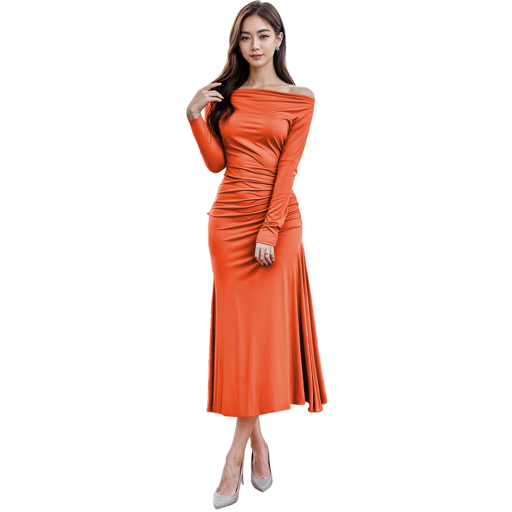 Vestido asimétrico elegante casual noche medio, dama mujer xally 118 manga larga recogido de lado izquierdo