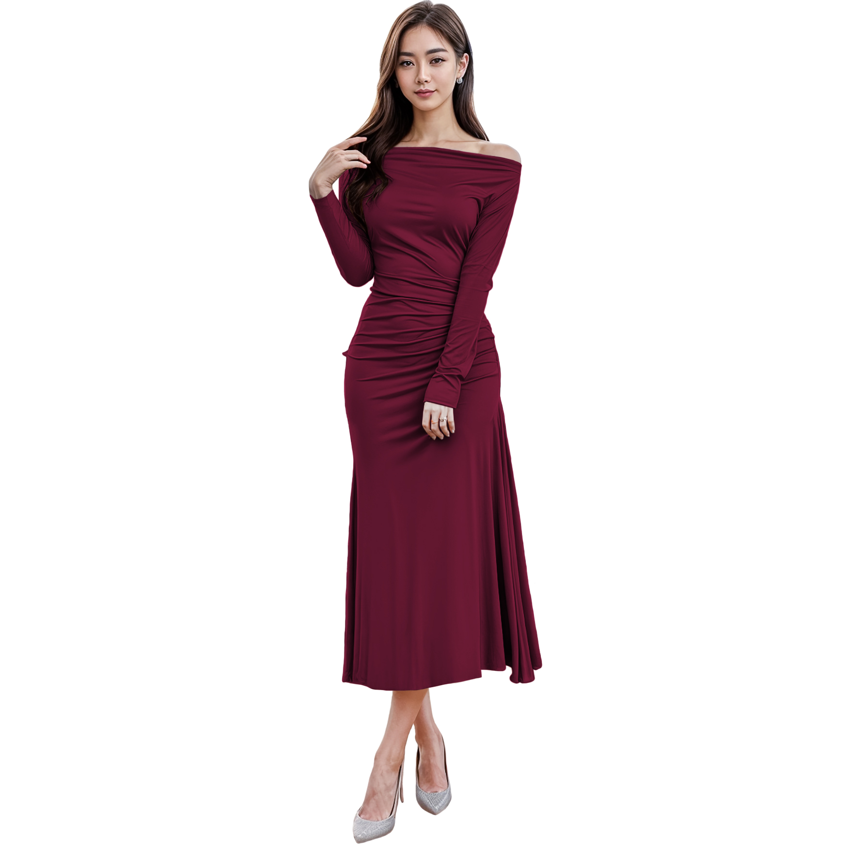 Vestido asimétrico elegante casual noche medio, dama mujer xally 118 manga larga recogido de lado izquierdo