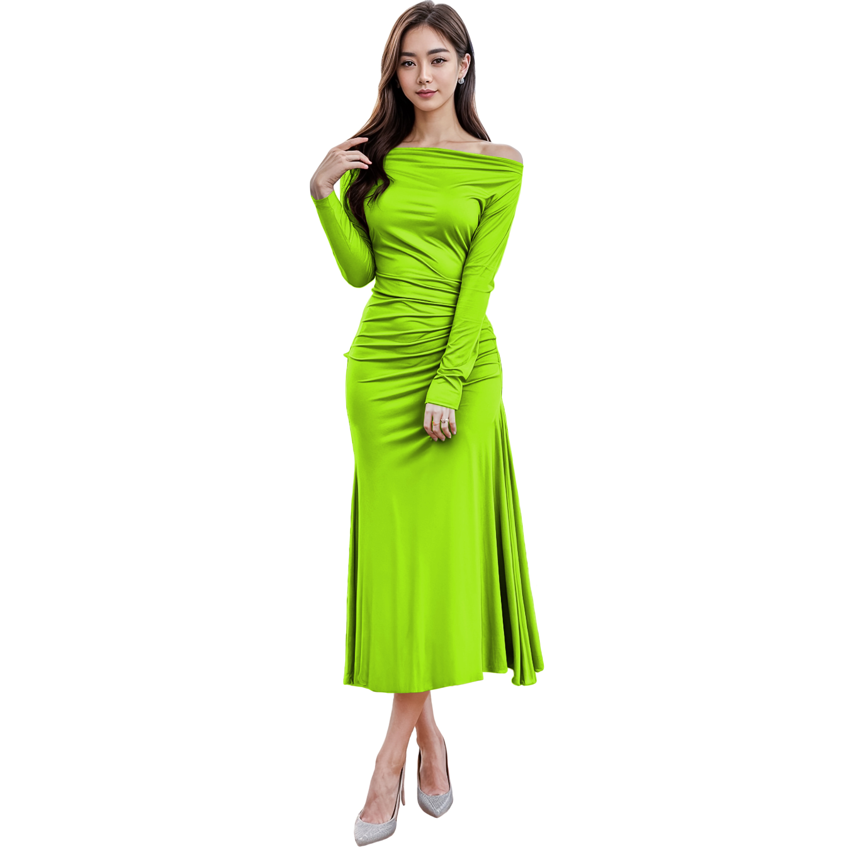 Vestido asimétrico elegante casual noche medio, dama mujer xally 118 manga larga recogido de lado izquierdo