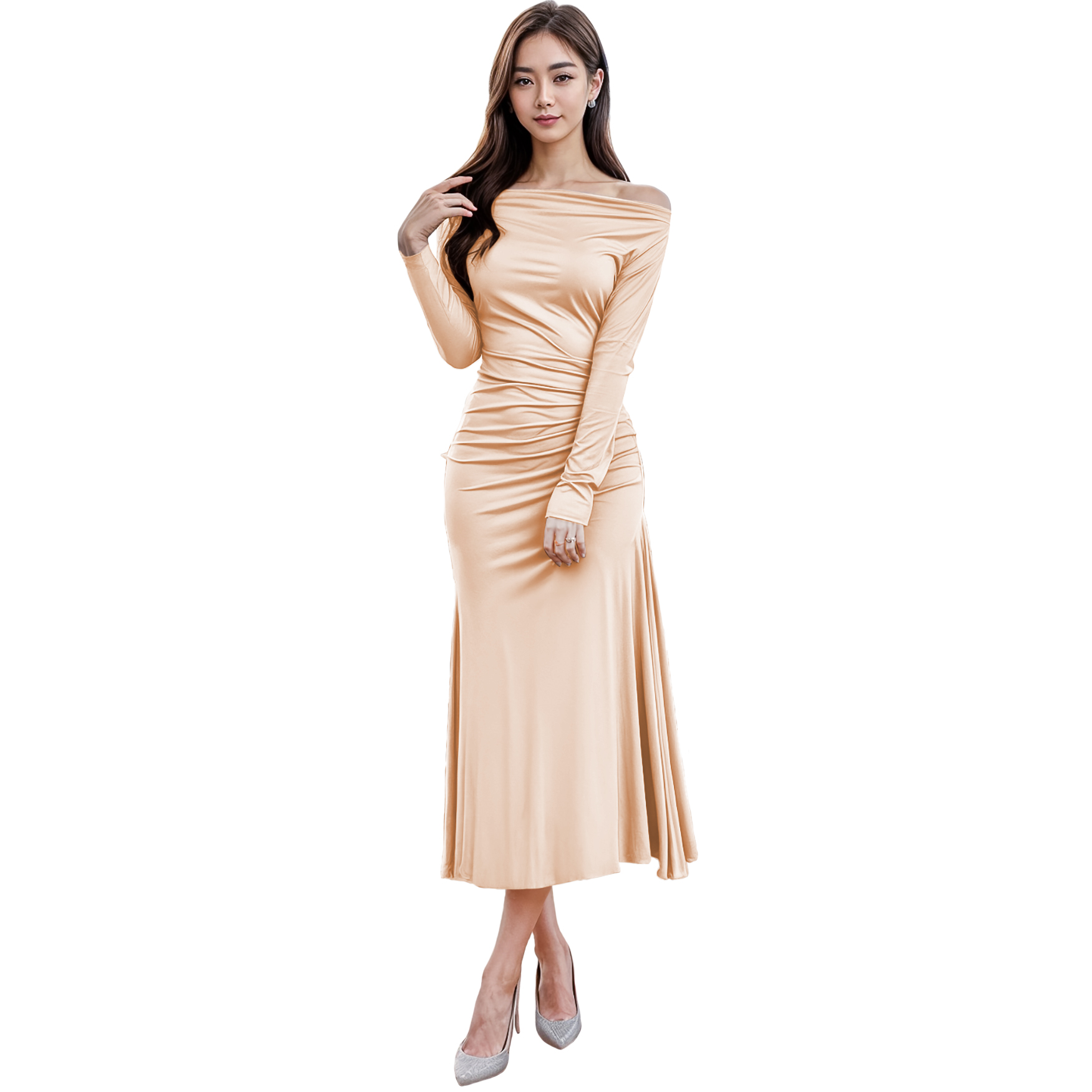 Vestido asimétrico elegante casual noche medio, dama mujer xally 118 manga larga recogido de lado izquierdo