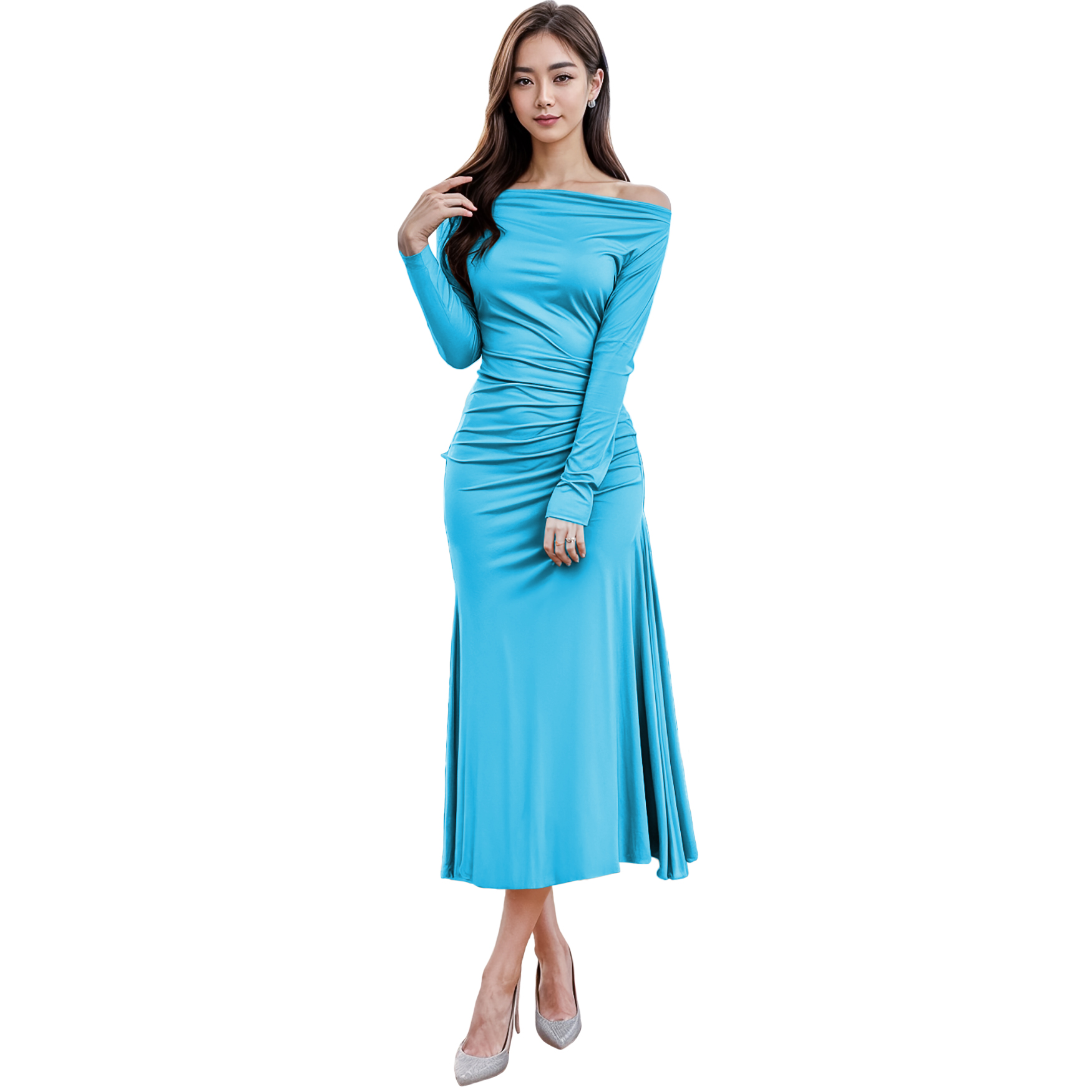 Vestido asimétrico elegante casual noche medio, dama mujer xally 118 manga larga recogido de lado izquierdo