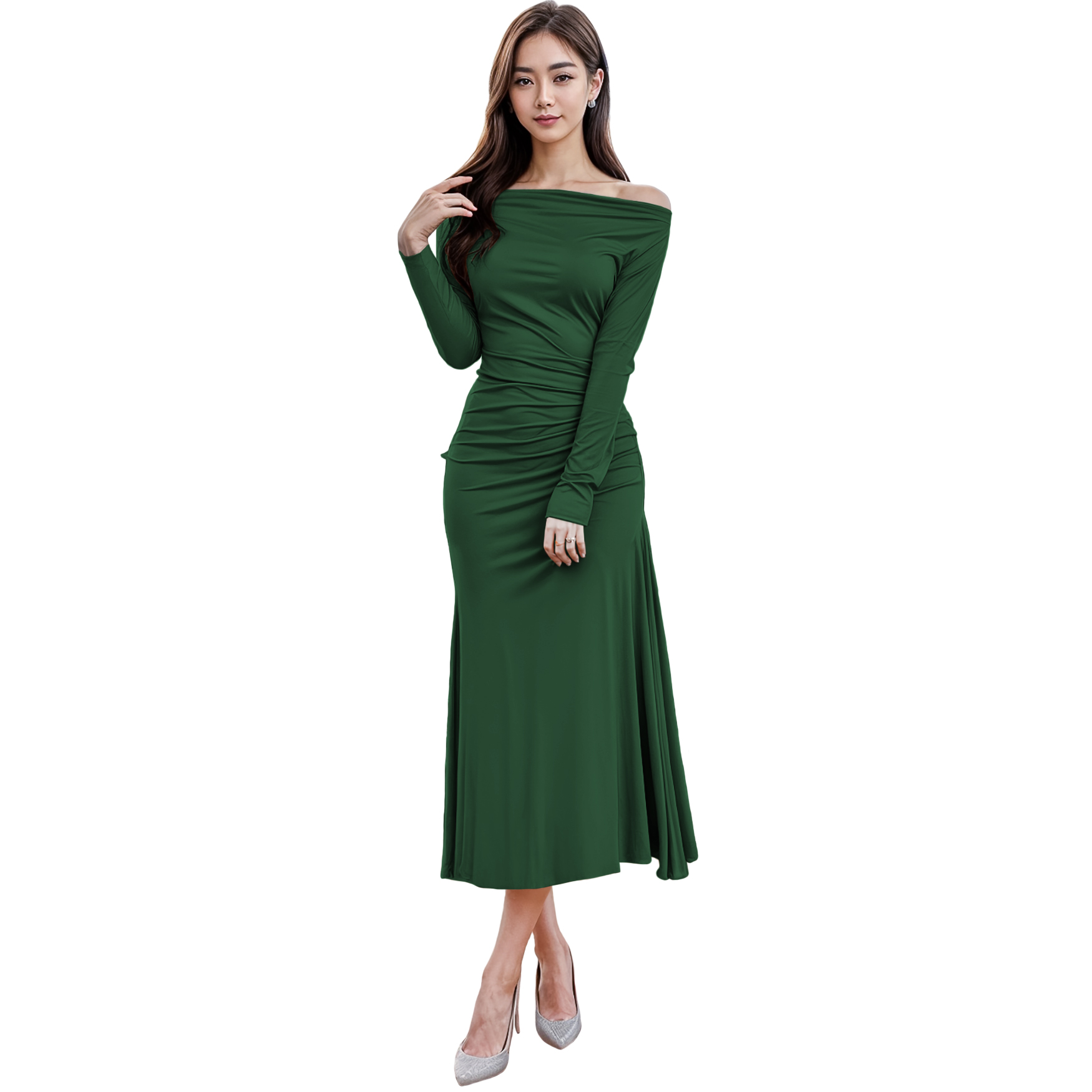 Vestido asimétrico elegante casual noche medio, dama mujer xally 118 manga larga recogido de lado izquierdo