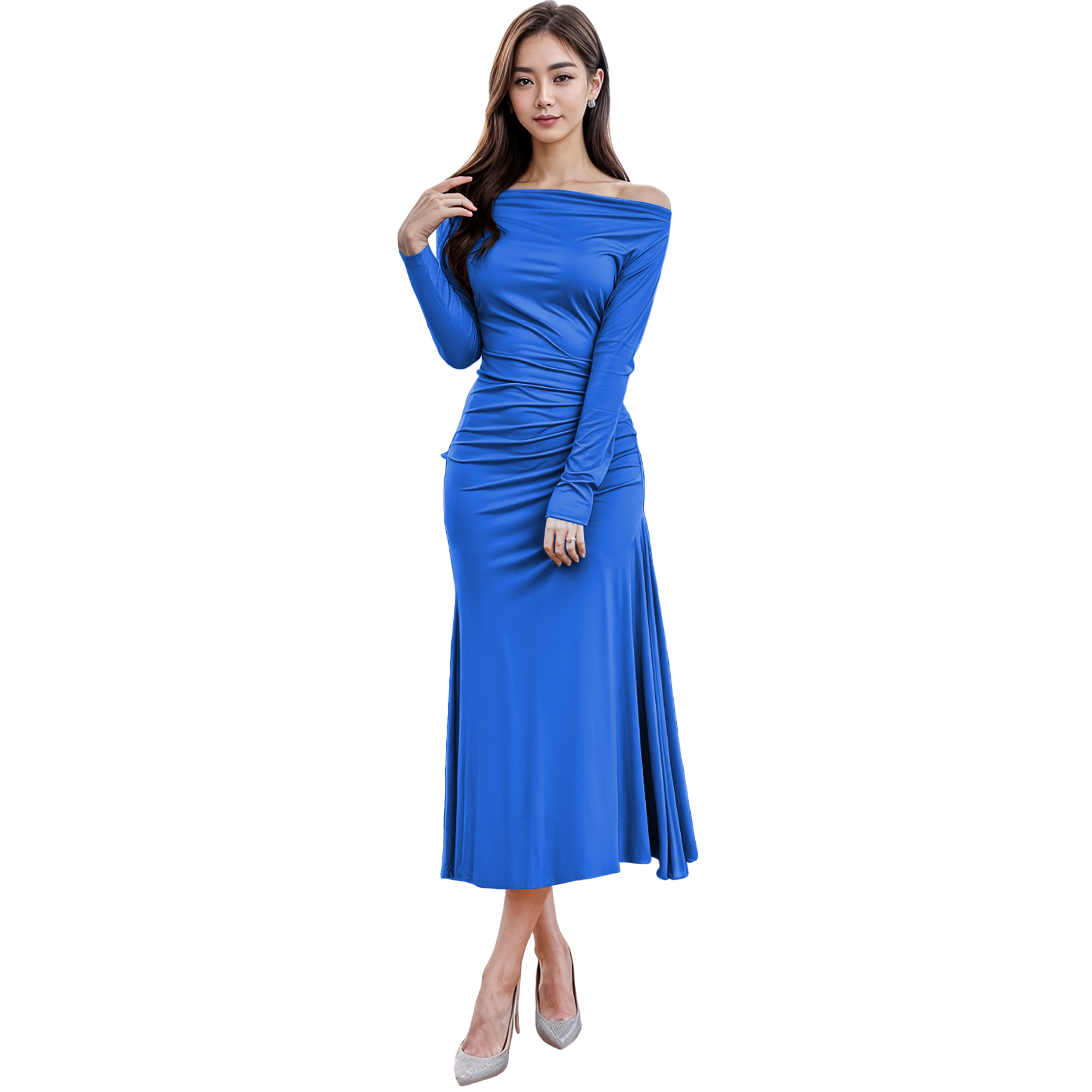 Vestido asimétrico elegante casual noche medio, dama mujer xally 118 manga larga recogido de lado izquierdo