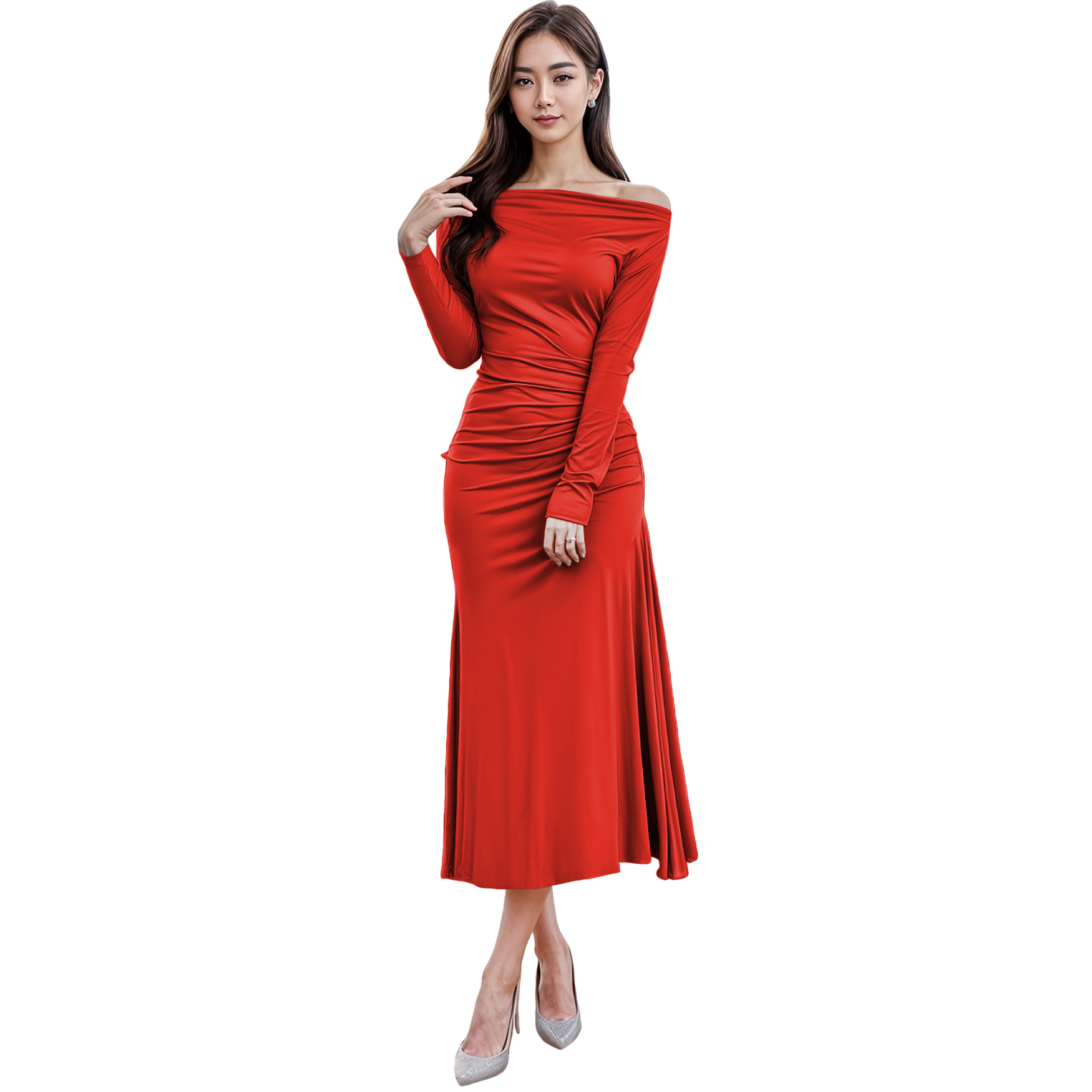 Vestido asimétrico elegante casual noche medio, dama mujer xally 118 manga larga recogido de lado izquierdo