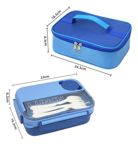 "Lunch Box Fiambrera Con Cubiertos Capacidad 1300ml+bolsas Azul "