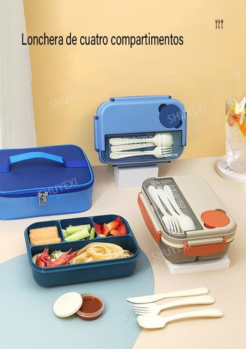 "Lunch Box Fiambrera Con Cubiertos Capacidad 1300ml+bolsas Azul "