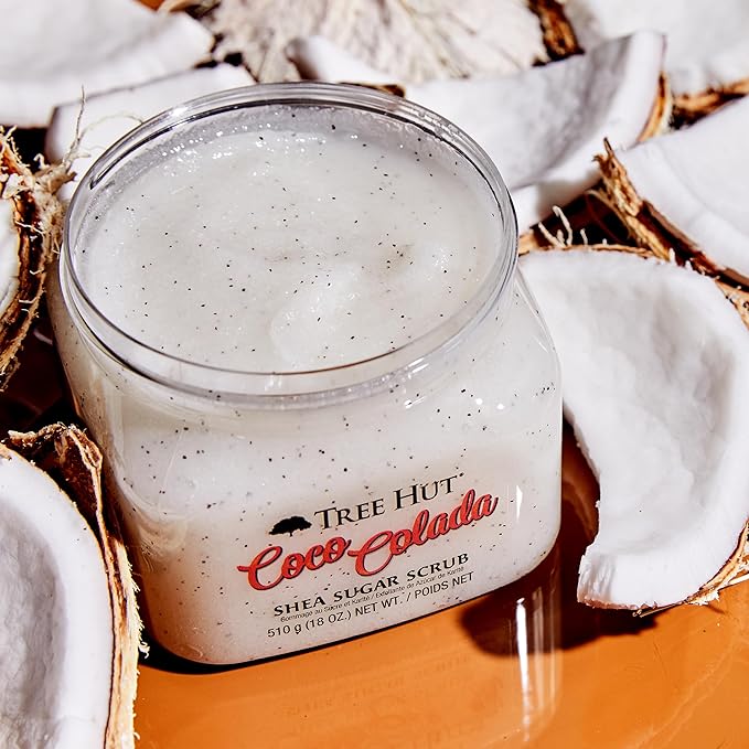 A TREE HUT, Coco Colada Shea Sugar Scrub, Exfoliante Corporal de Azúcar Natural con Manteca de Karité y Esencia de Coco y Piña, Exfolia e Hidrata la Piel, 510 gramos