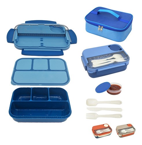 "Lunch Box Fiambrera Con Cubiertos Capacidad 1300ml+bolsas Azul "