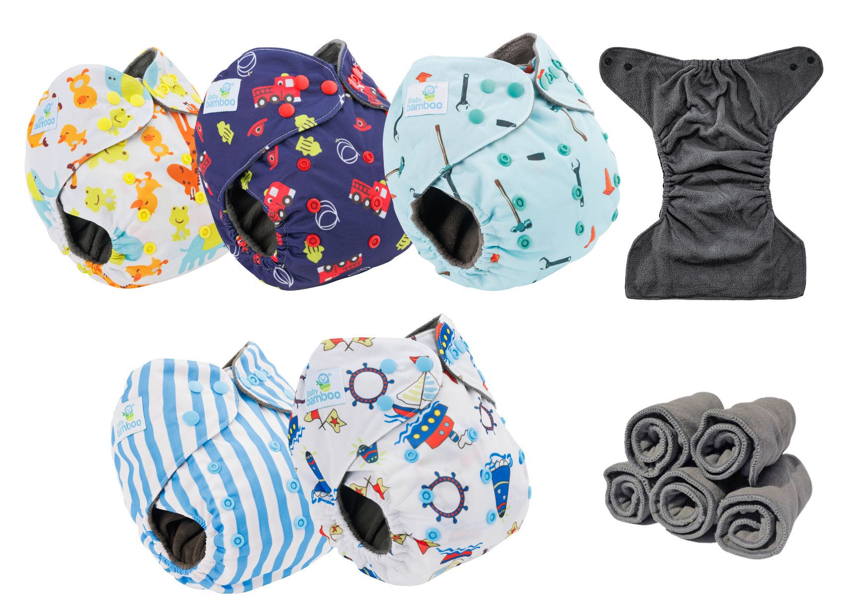 5 Pañales ecológicos PREMIUM de bambú estampados niño + 5 insertos de Bambú.