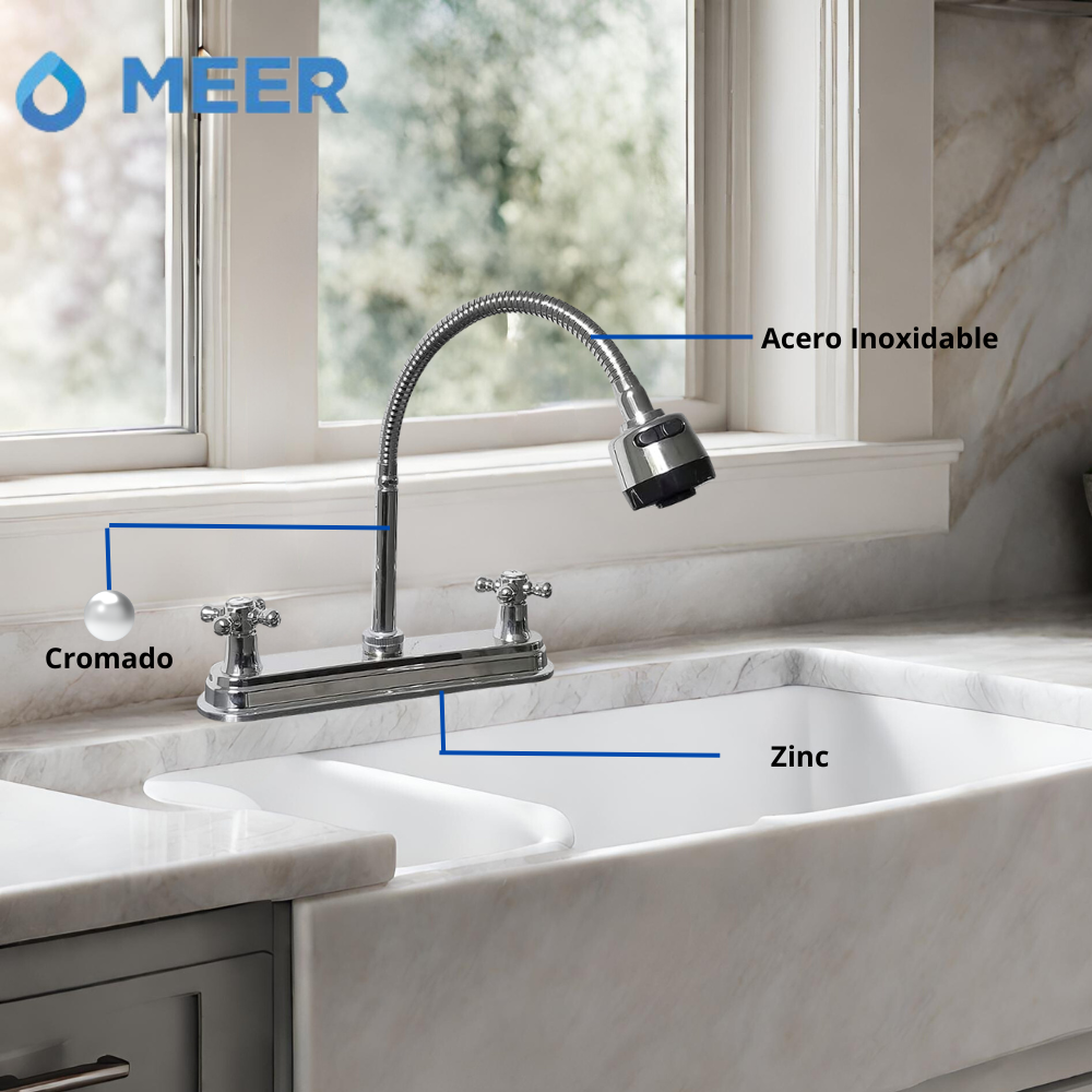 MEER Faucets by CNX | Fregadero de Cocina con Escurridero (100 x 50 x 15 cm) de Acero Inoxidable, Mezcladora Flexible con Dos Tipos de Chorro y Accesorios de Instalación