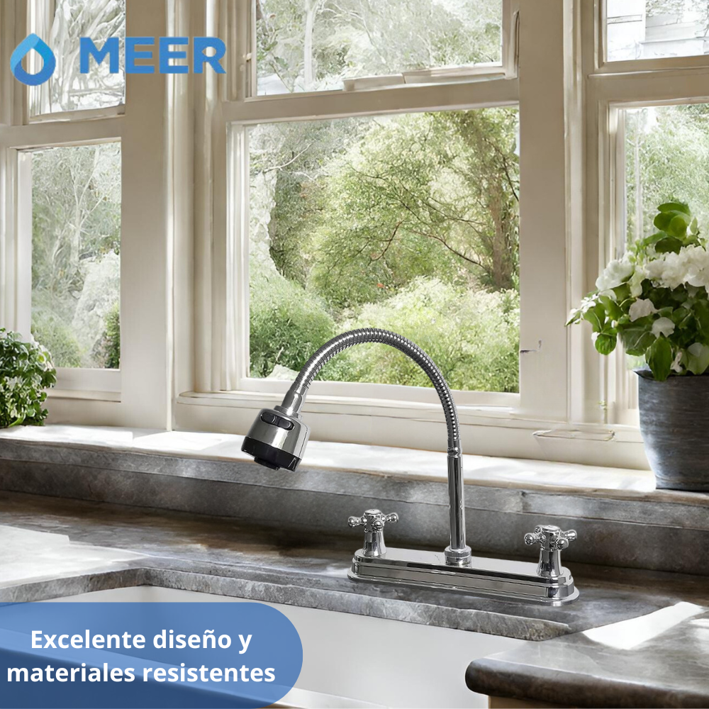 MEER Faucets by CNX | Fregadero de Cocina con Escurridero (100 x 50 x 15 cm) de Acero Inoxidable, Mezcladora Flexible con Dos Tipos de Chorro y Accesorios de Instalación