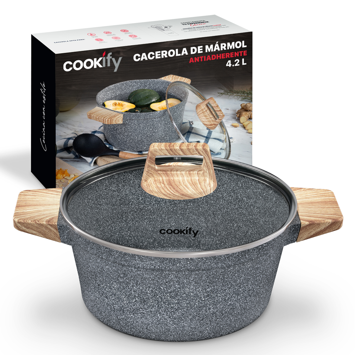 Olla Cacerola Antiadherente Con Tapa 24 cm Mármol Gris Cookify