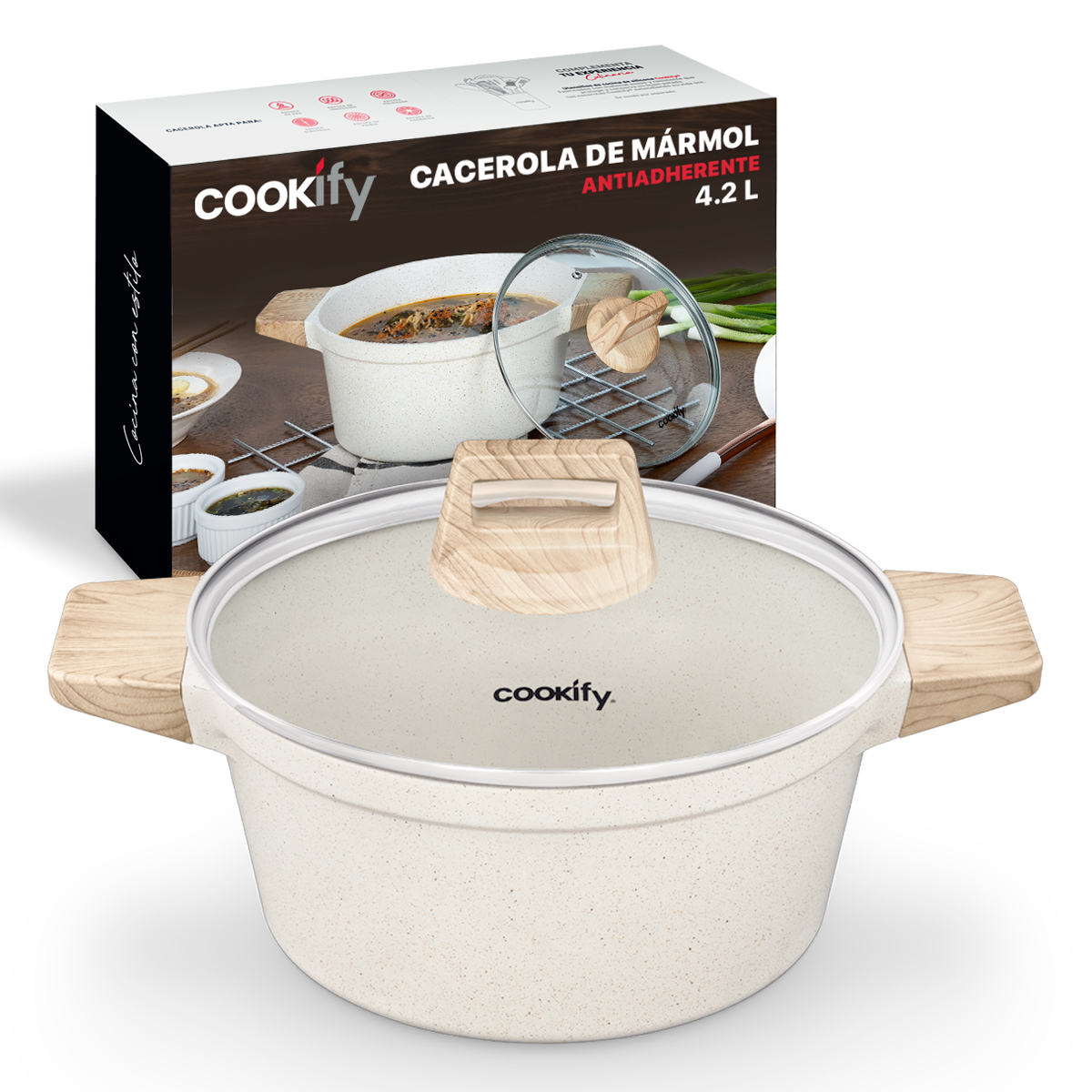 Olla Cacerola Antiadherente Con Tapa 24 cm De Mármol Beige Cookify.