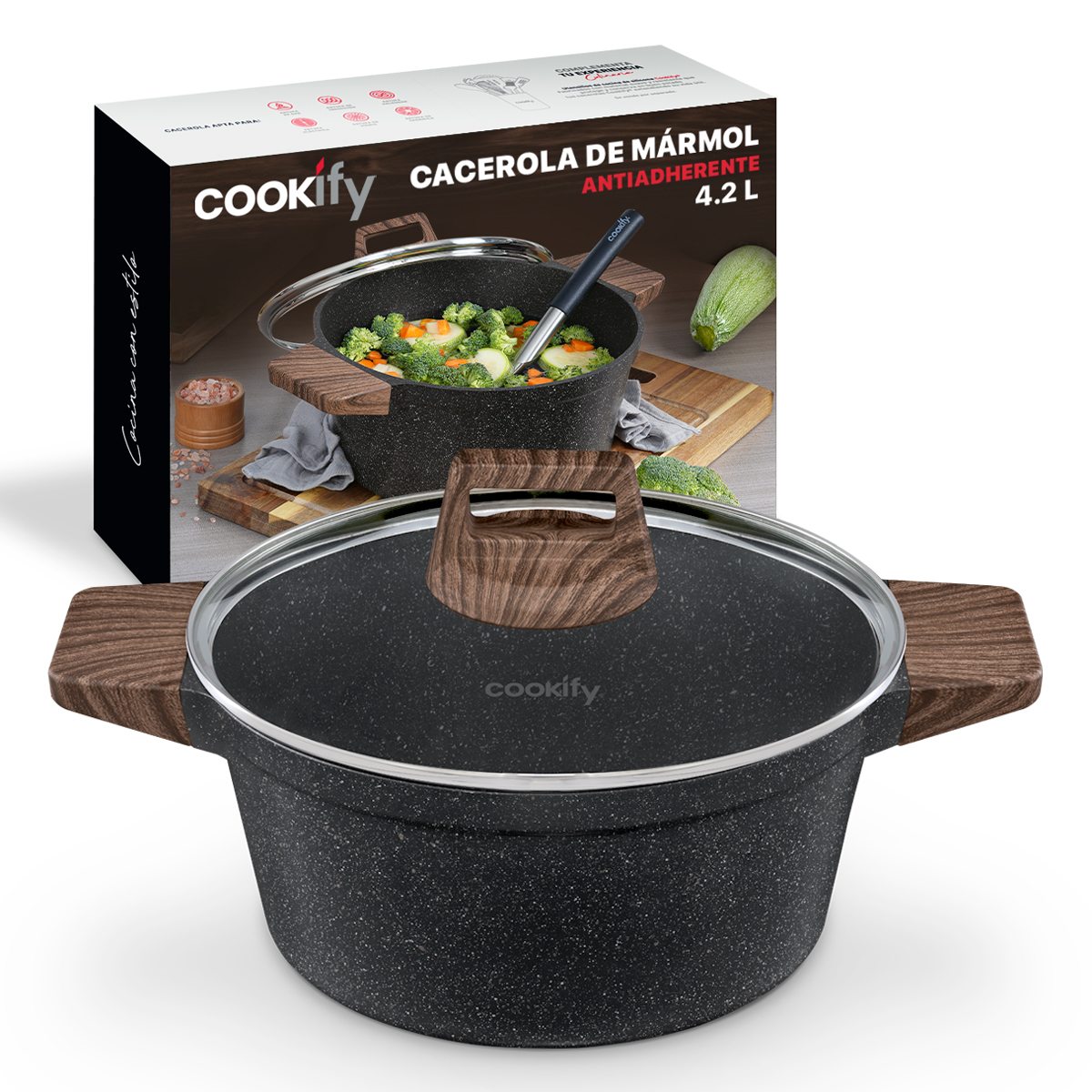 Olla Cacerola Antiadherente Con Tapa 24 cm Mármol Negro Cookify