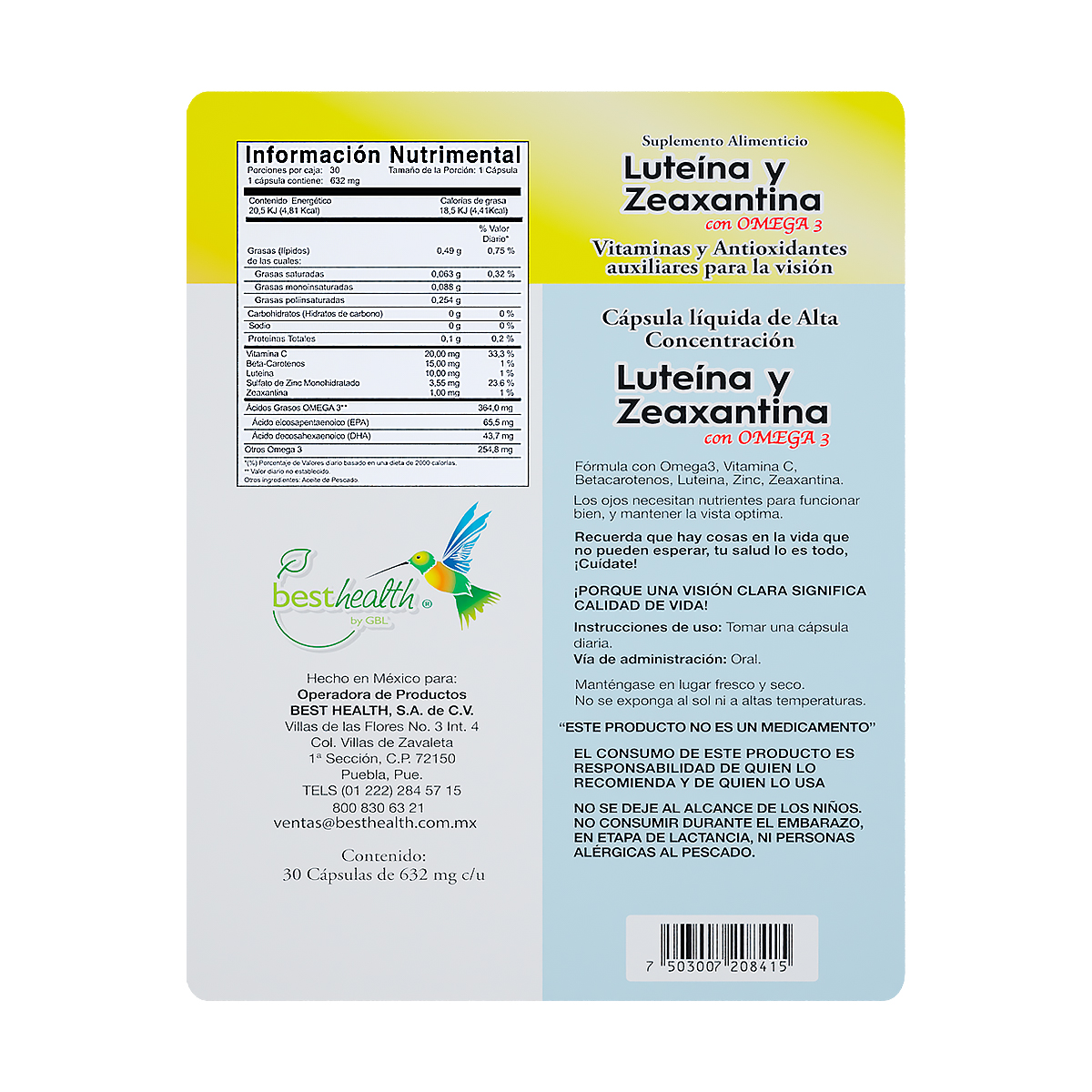 Luteína y Zeaxantina con OMEGA 3 30 Cápsulas BEST HEALTH vitamínico y antioxidante para la vista