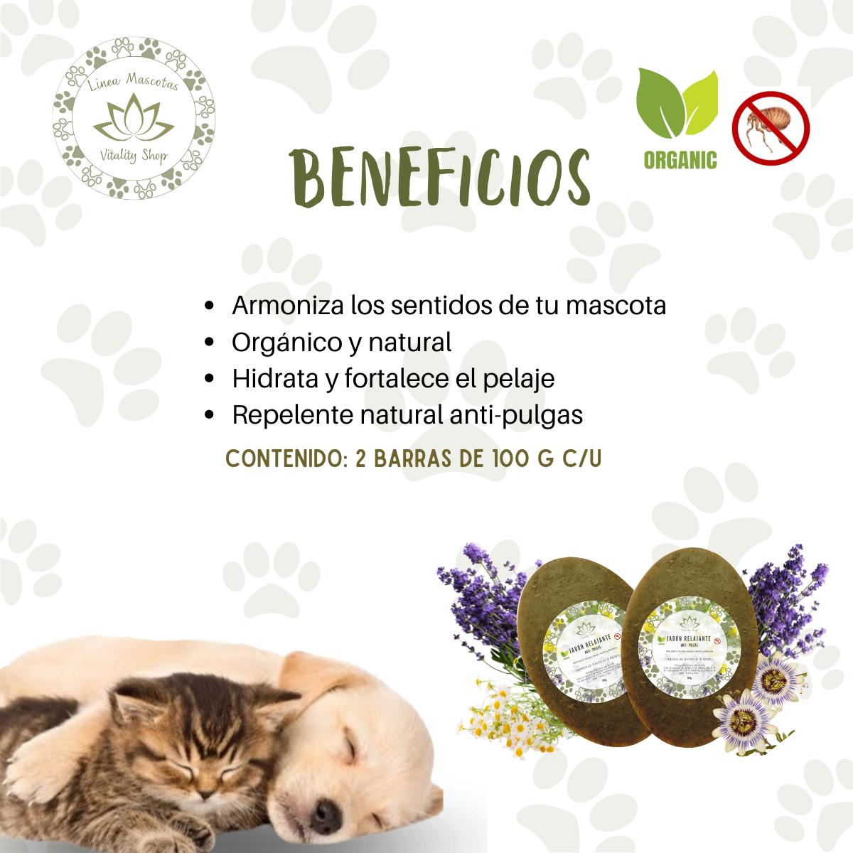 Jabón en barra relajante organico natural anti pulgas mascotas domesticas 2pz.