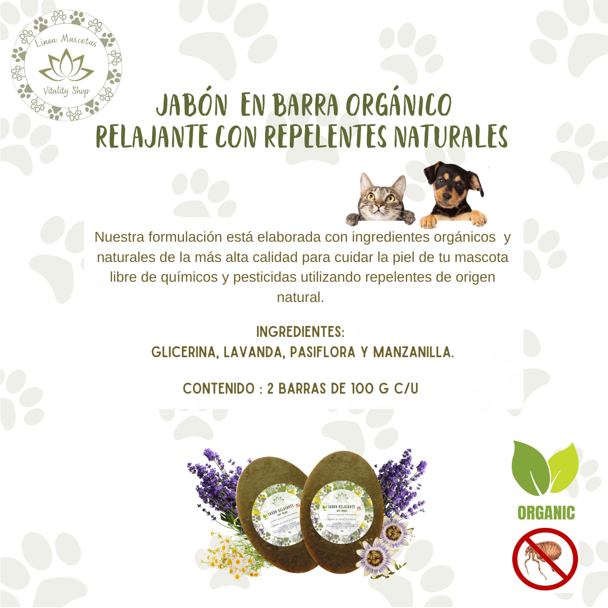 Jabón en barra relajante organico natural anti pulgas mascotas domesticas 2pz.