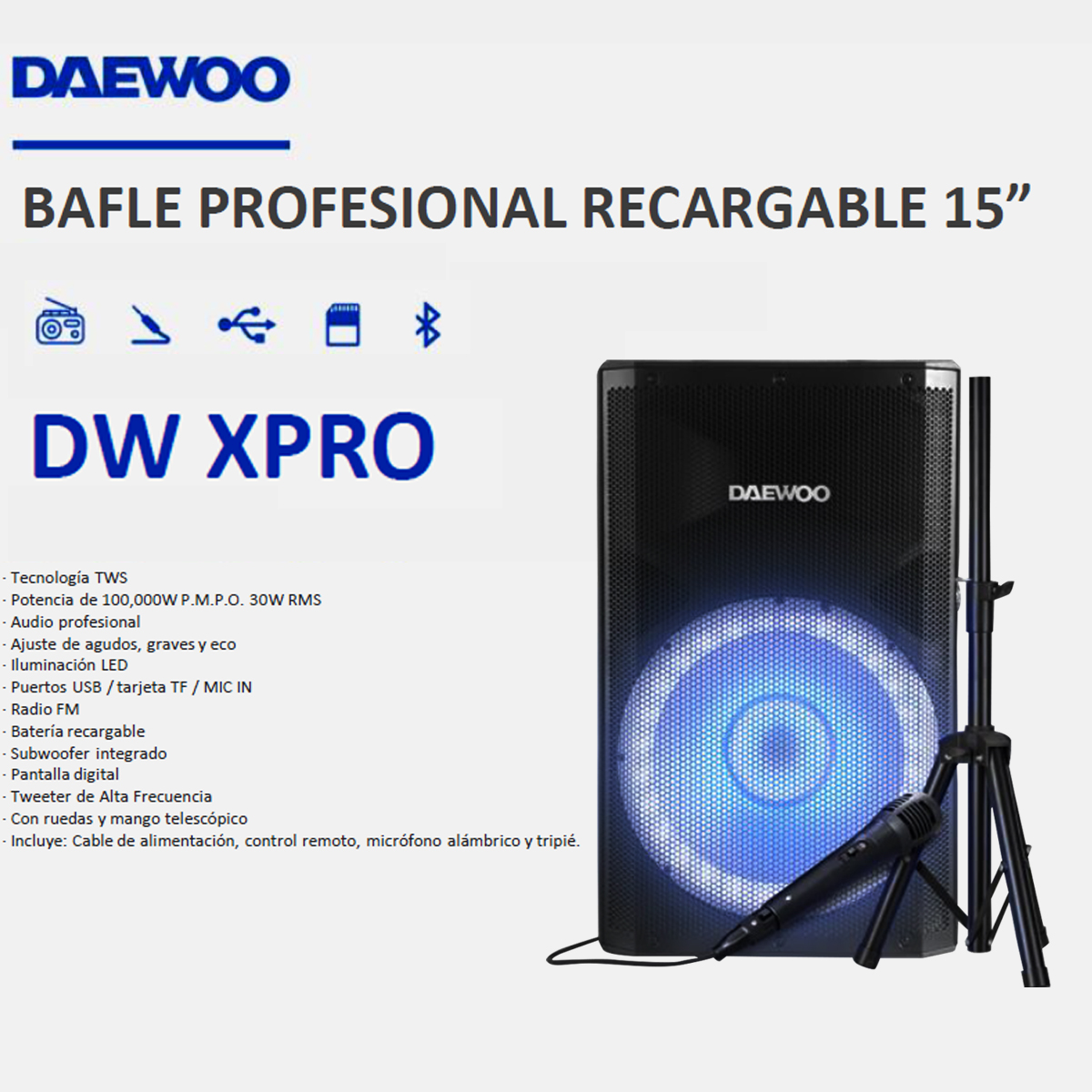 Bocina Bafle 15" Dw-Xpro Daewoo Bluetooth Tws Con Tripié Y Micrófono