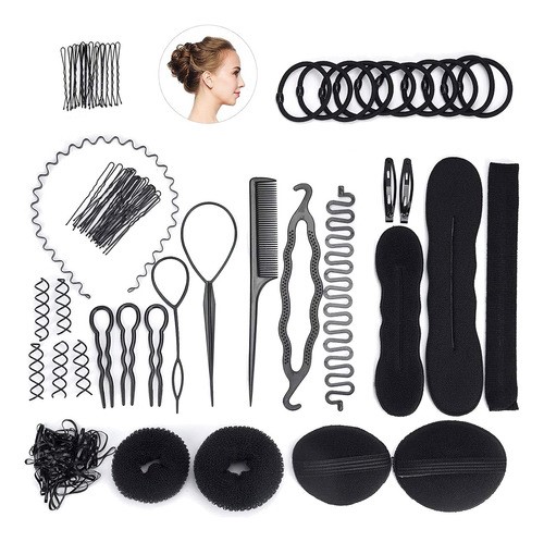 "52 Pcs Donas Para El Cabello Kit Peinado Con Broche Cabello negro "