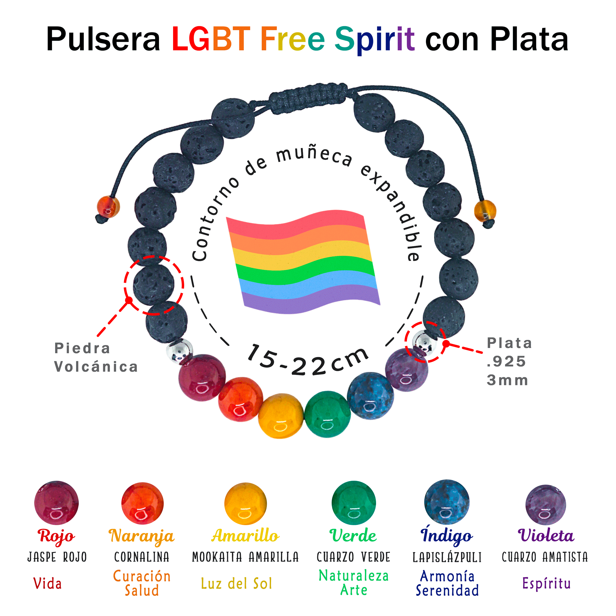 Pulsera Pride LGBT Cuarzos Naturales y Plata genuina 
