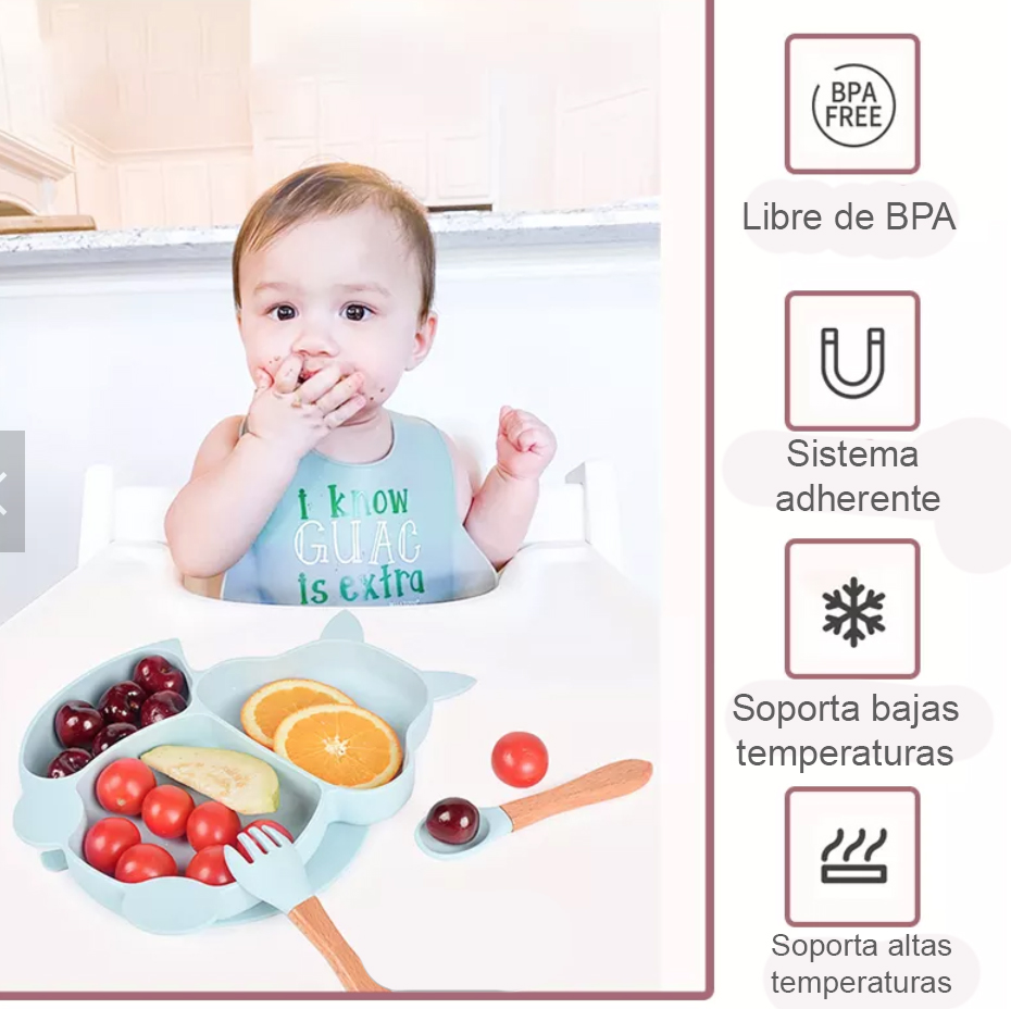 Plato para Bebé con 3 Divisiones y Cubiertos en Silicona