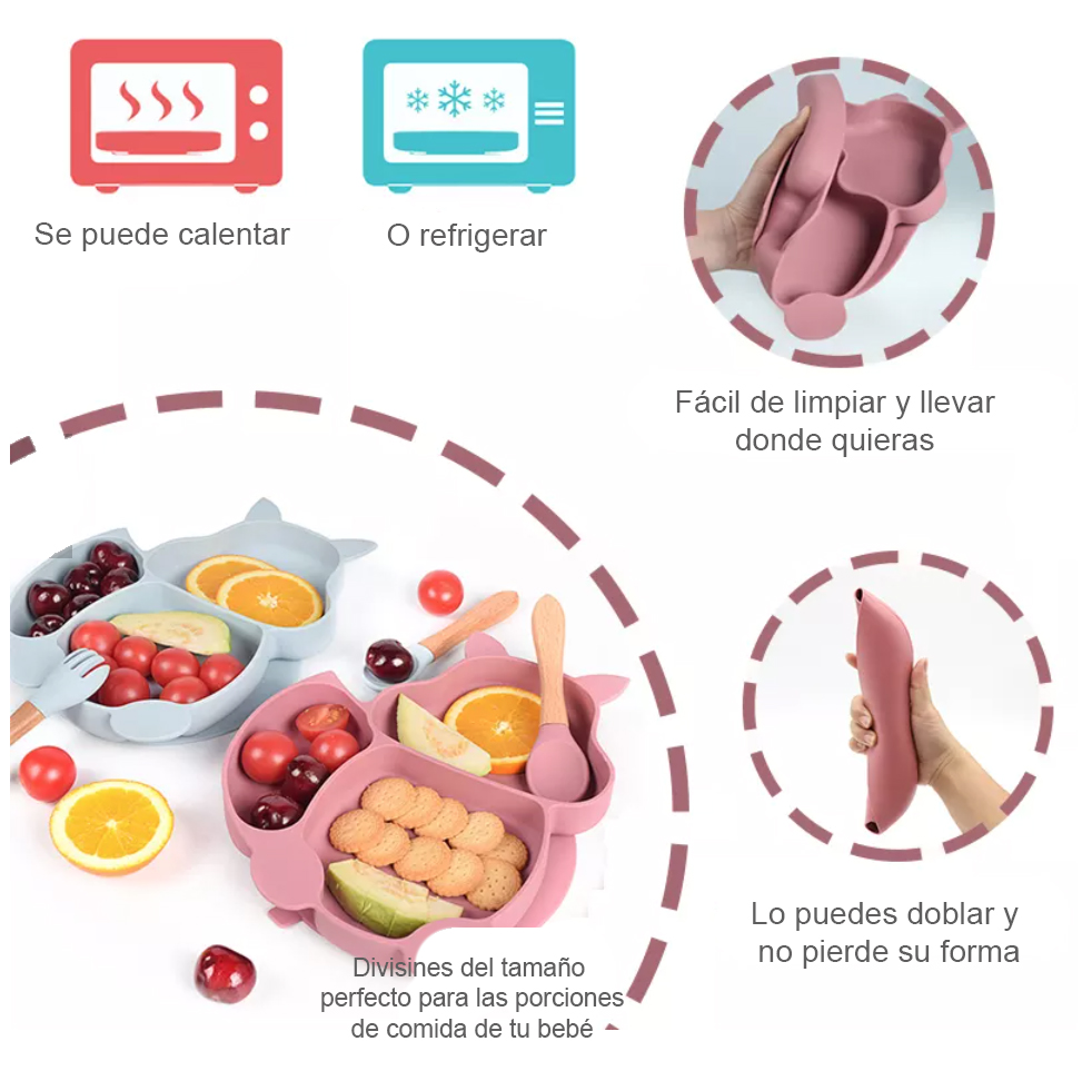 Plato para Bebé con 3 Divisiones y Cubiertos en Silicona