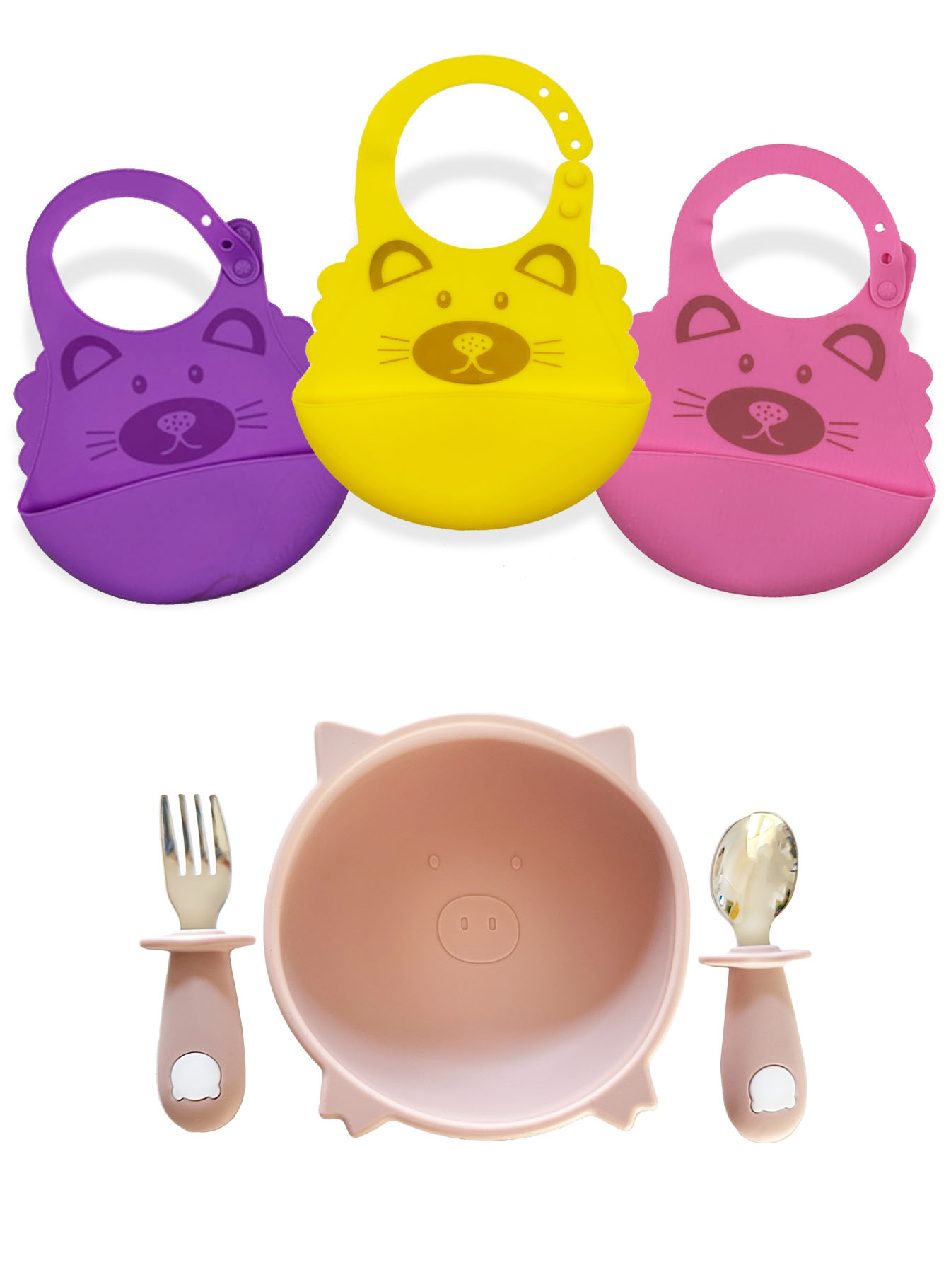 Set de 3 Baberos en Silicona y Plato con Cubiertos para Bebé.