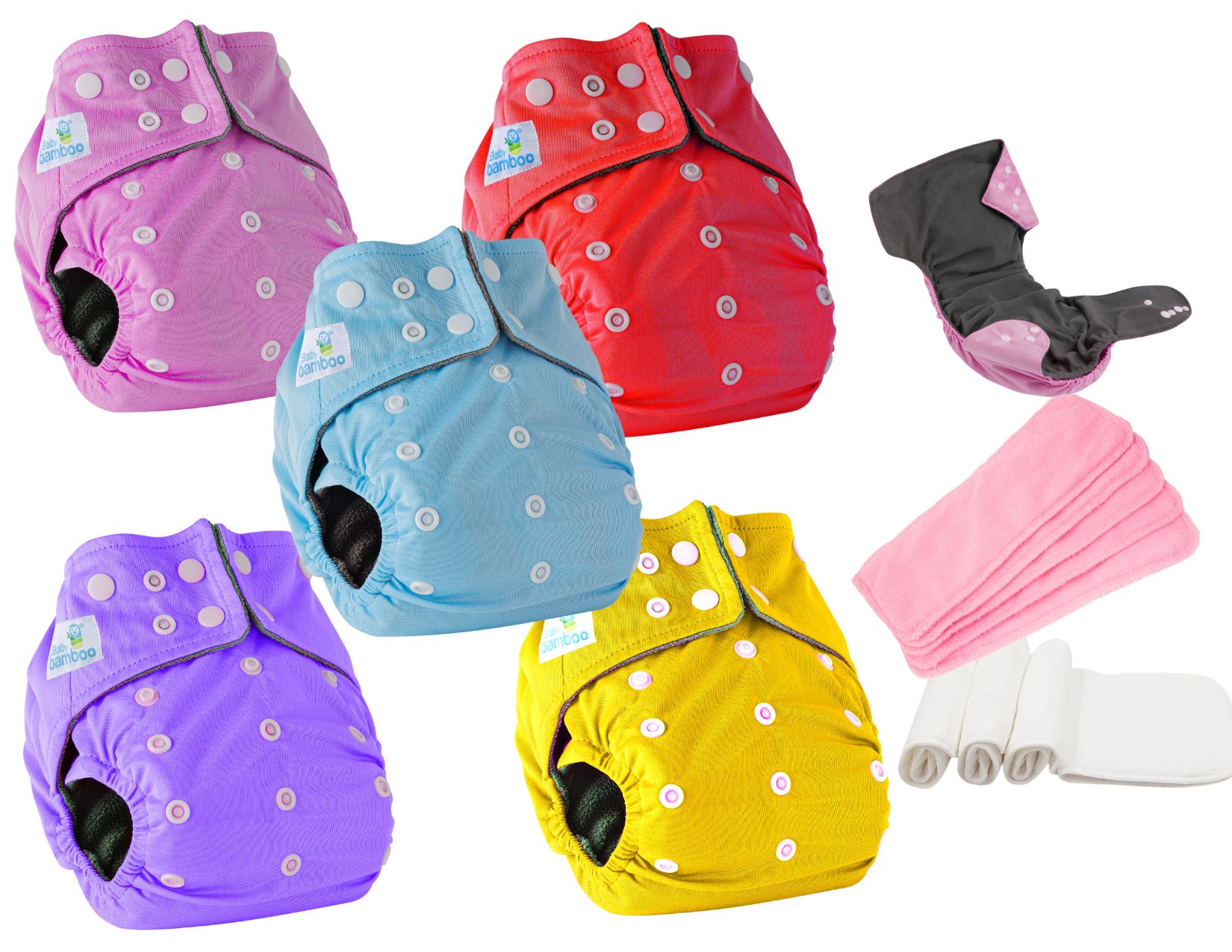 5 Pañales ecológicos de Bambú lisos niña + 6 insertos de 4 capas microfibra 4-15 kgs