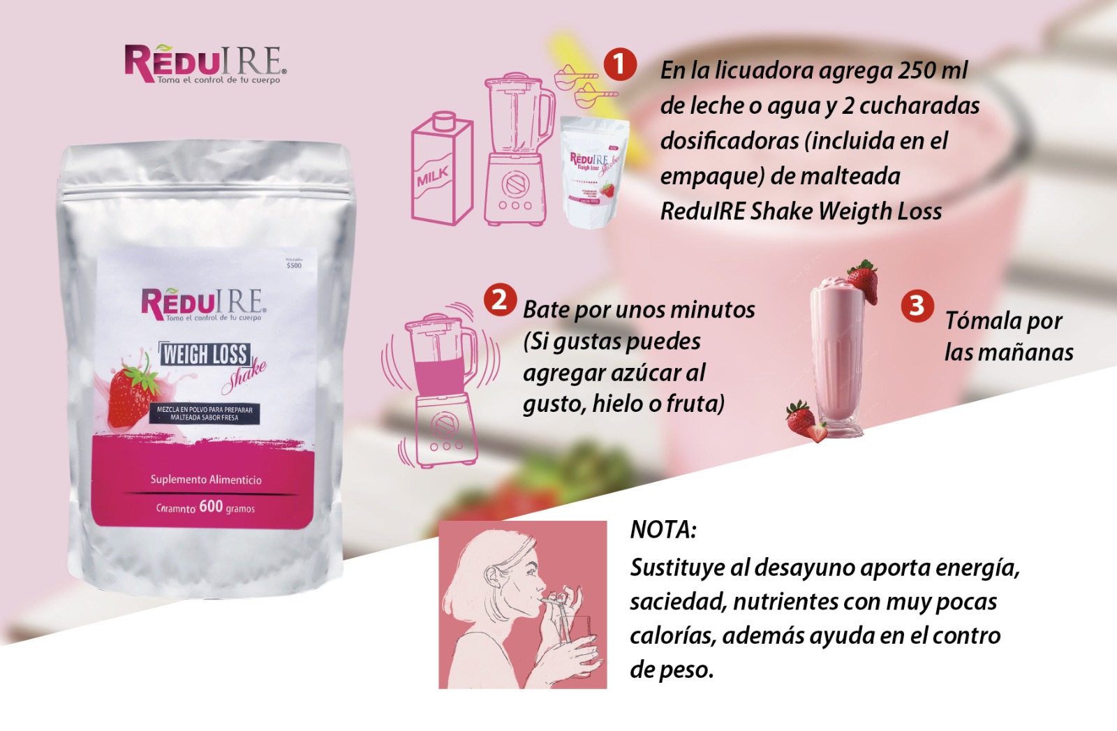 Malteada Weigh Loss Sabor Fresa P/ Bajar Peso Reduire 