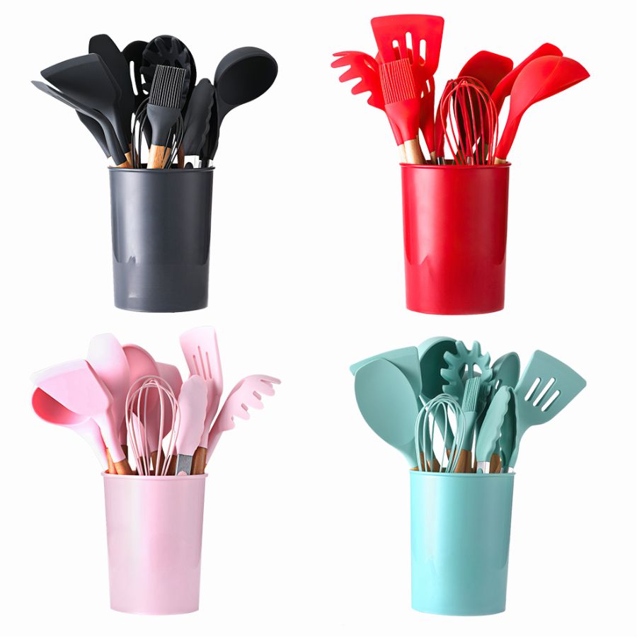 Set de Utensilios de Cocina 12 pz Mango de Madera y Silicona .