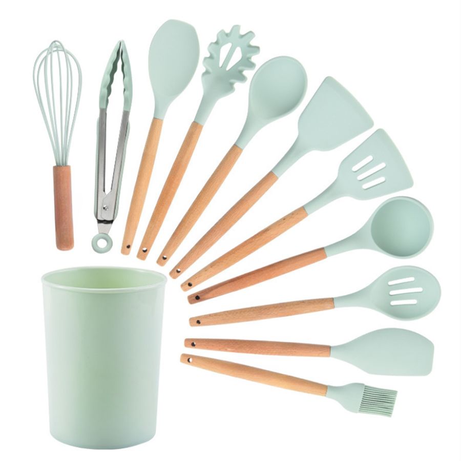 Set de Utensilios de Cocina 12 pz Mango de Madera y Silicona .
