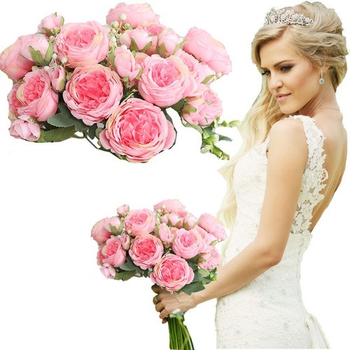 "Flores Peonias Artificiales Ramo Novia Boda Centro Mesa Rosa "