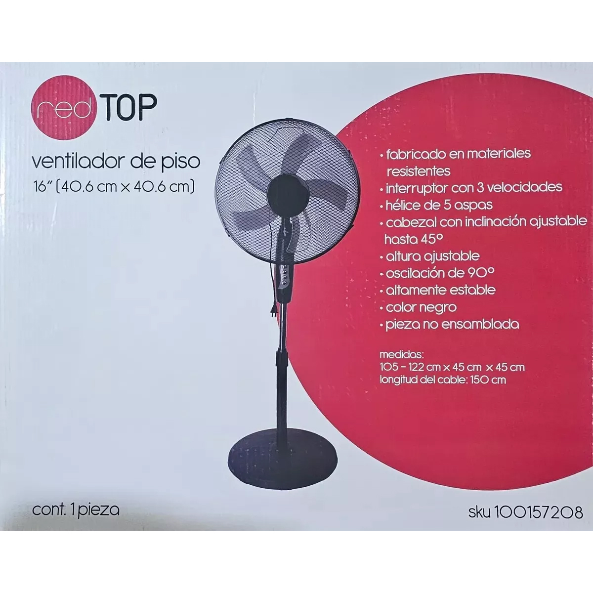 Ventilador De Piso 16 PuLG 3 Vel Giro 90° Ajustable Red Top Cantidad De Aspas 5 Estructura Negro Aspas Neg Diámetro 1 Frecuencia 1 Material De Las Aspas Plástico