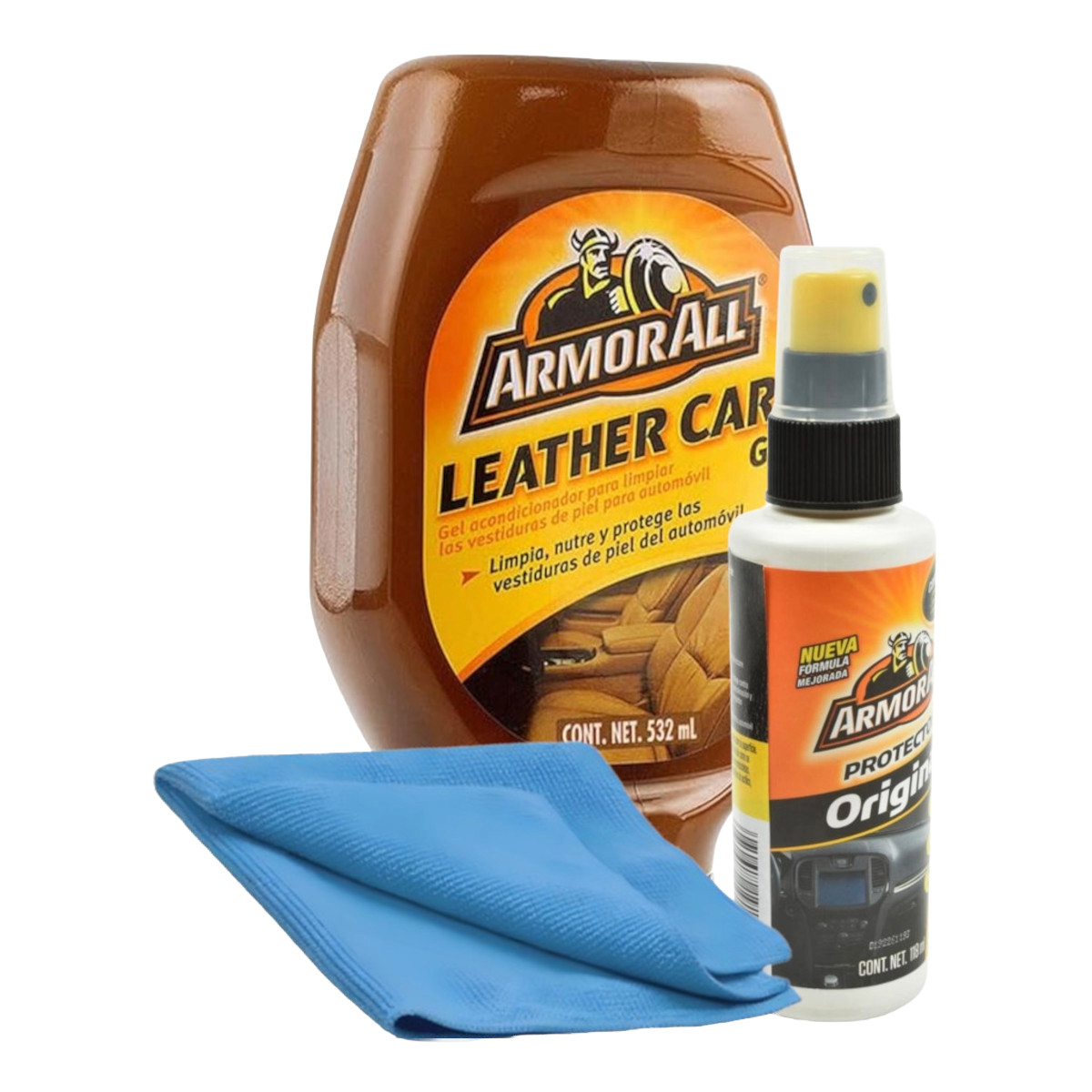 Abrillantador y Gel Acondicionador Piel Armor All con paño.