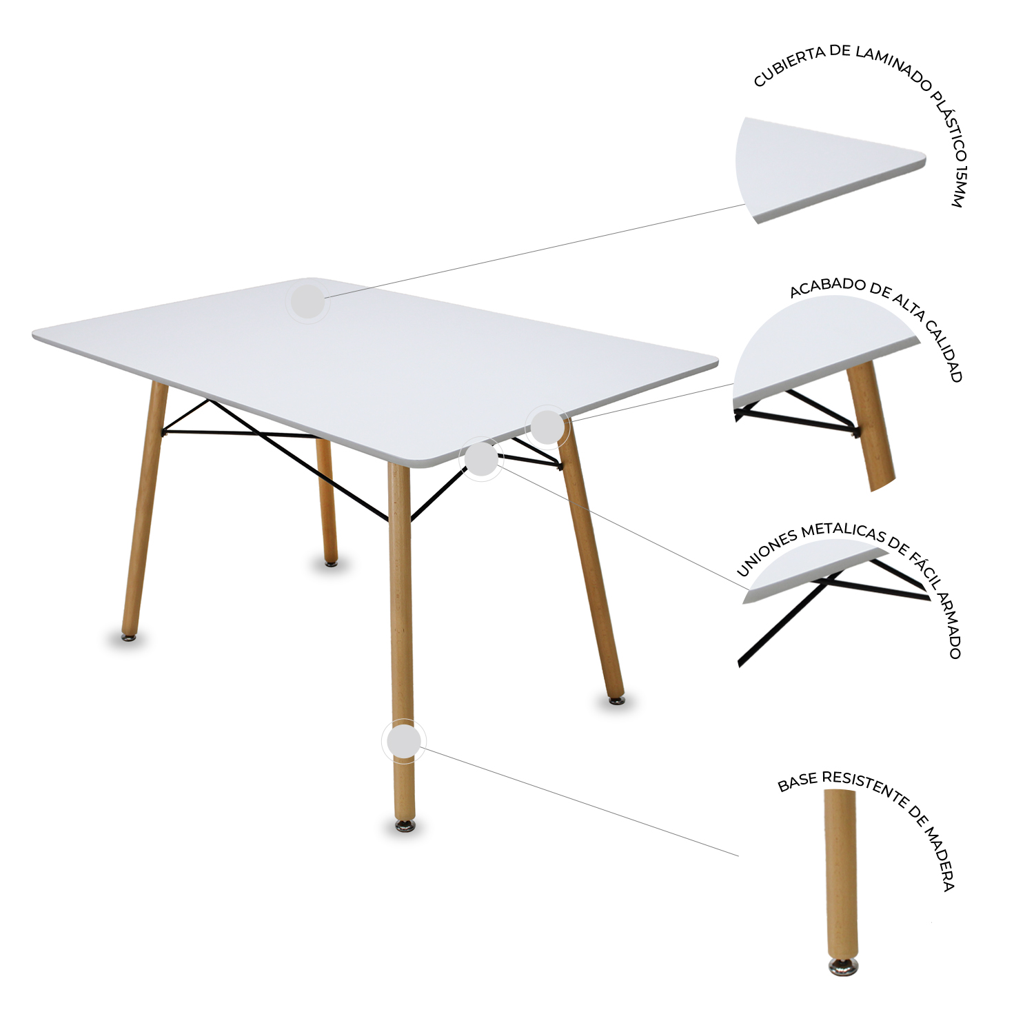 Set Comedor Oslo Melamina 120cm Blanco 4 sillas Eames Blanco Mundo In.