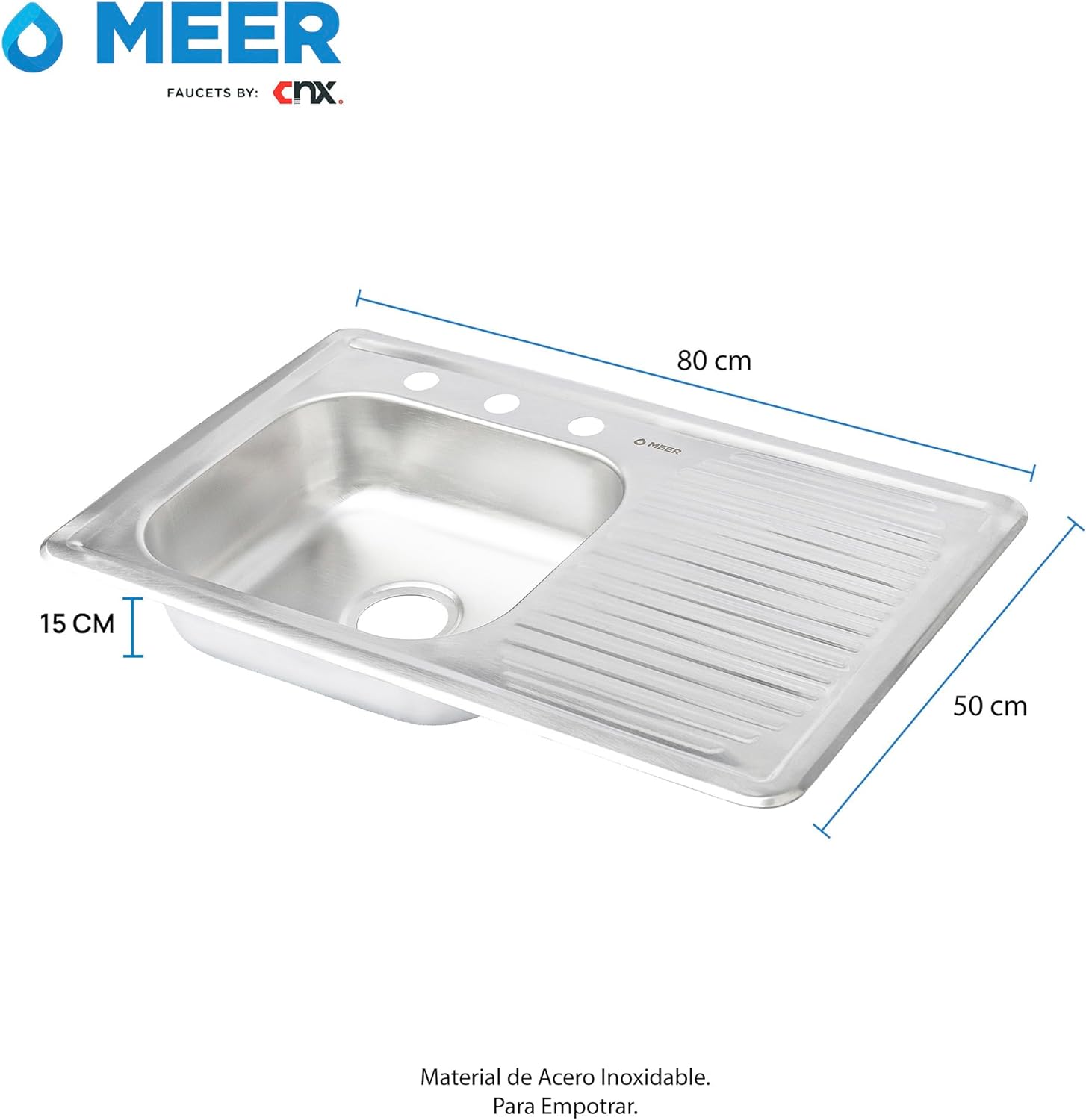 Tarja Sencilla con Escurridero Derecho para Empotrar (80 cm x 50 cm con 15.25 cm de Profundidad) Incluye Kit completo de Instalación