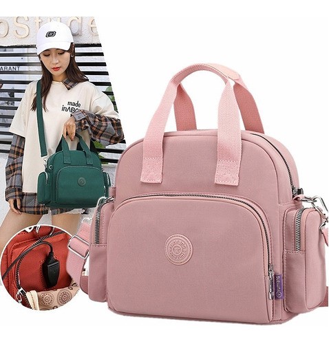 "Bolso De Moda Impermeable Para Mujer Con Carga Usb Portátil Rosa "
