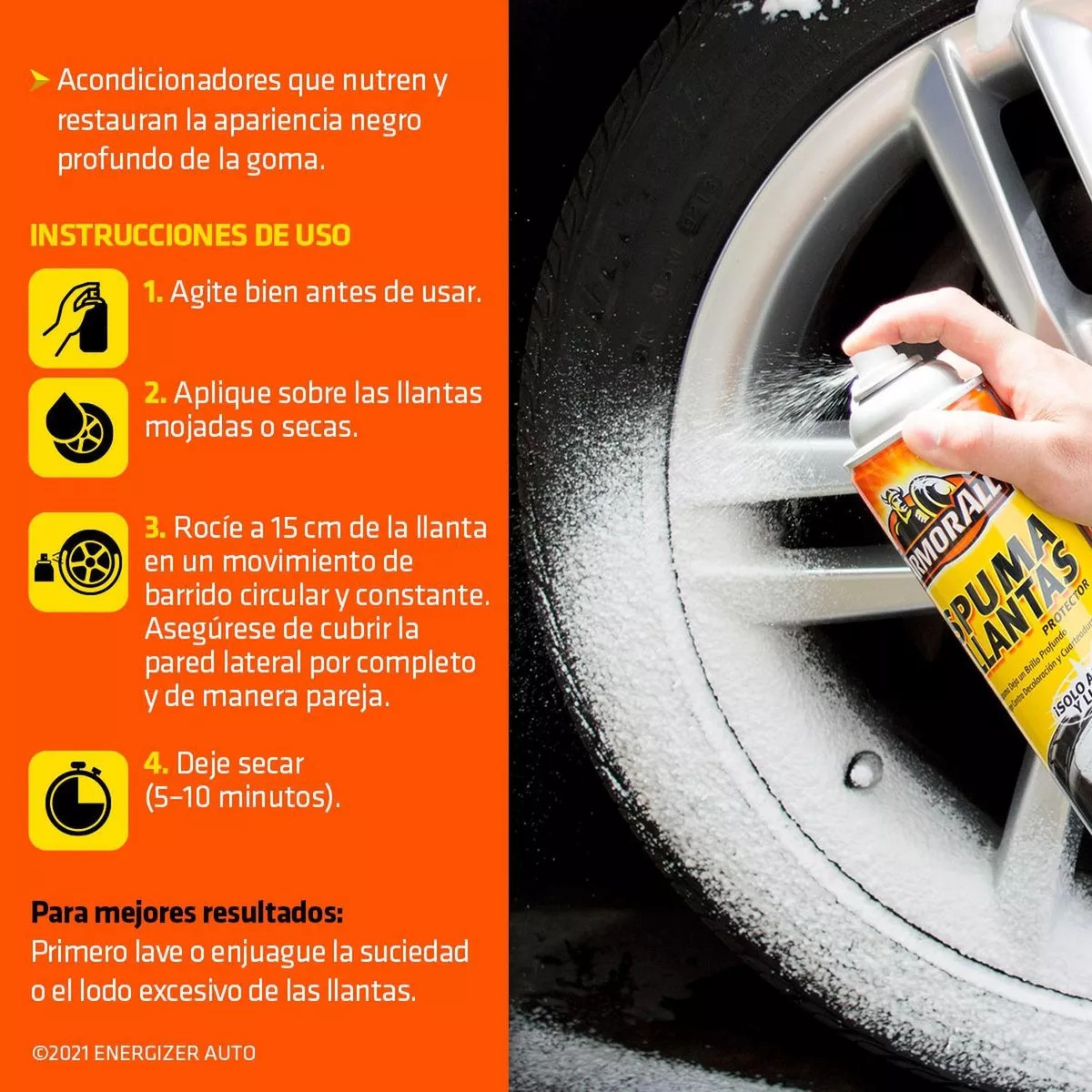 Espuma llantas Armor All limpieza brillo negro protección 510g.