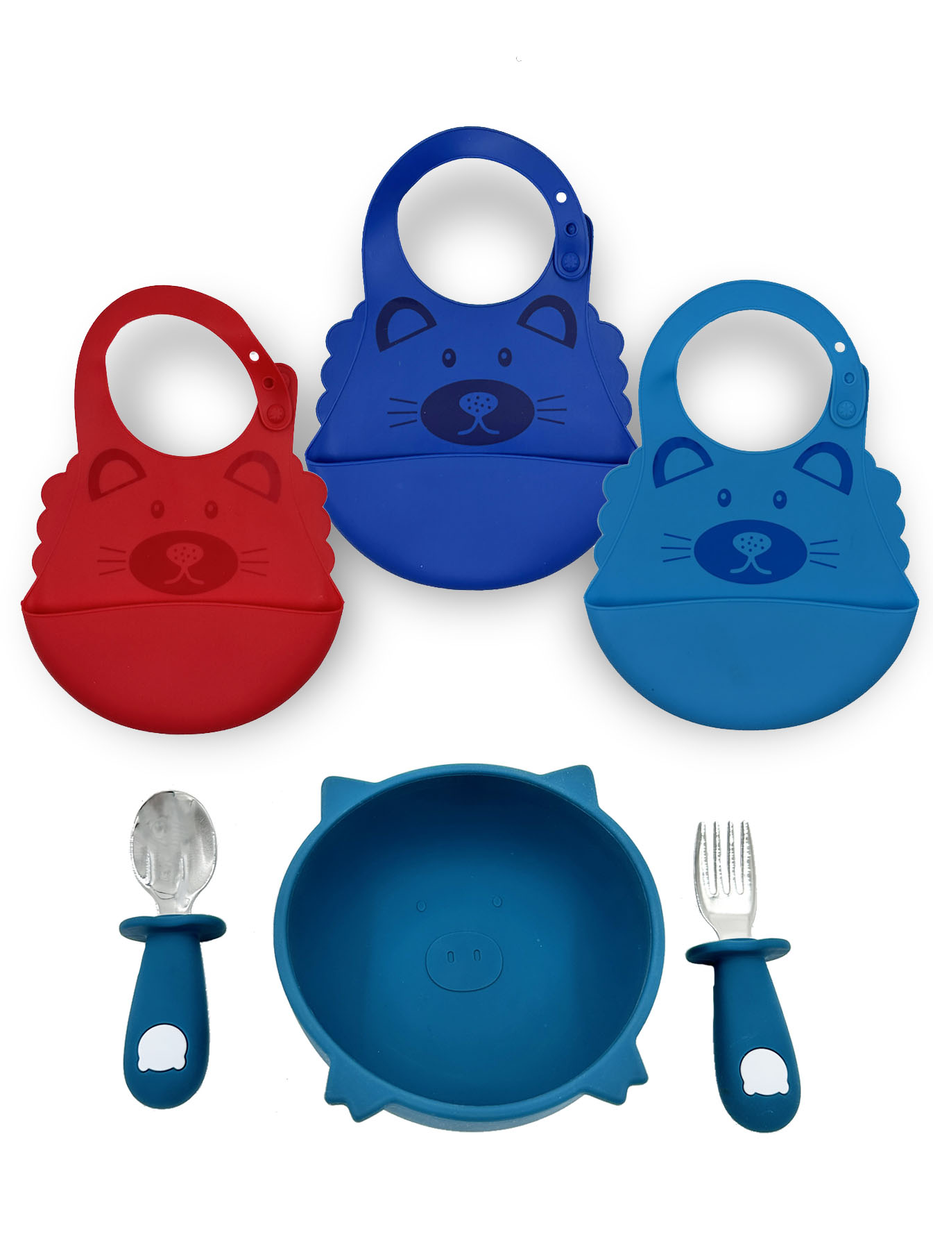 Set de 3 Baberos en Silicona y Plato con Cubiertos en Acero Inoxidable para Bebé.