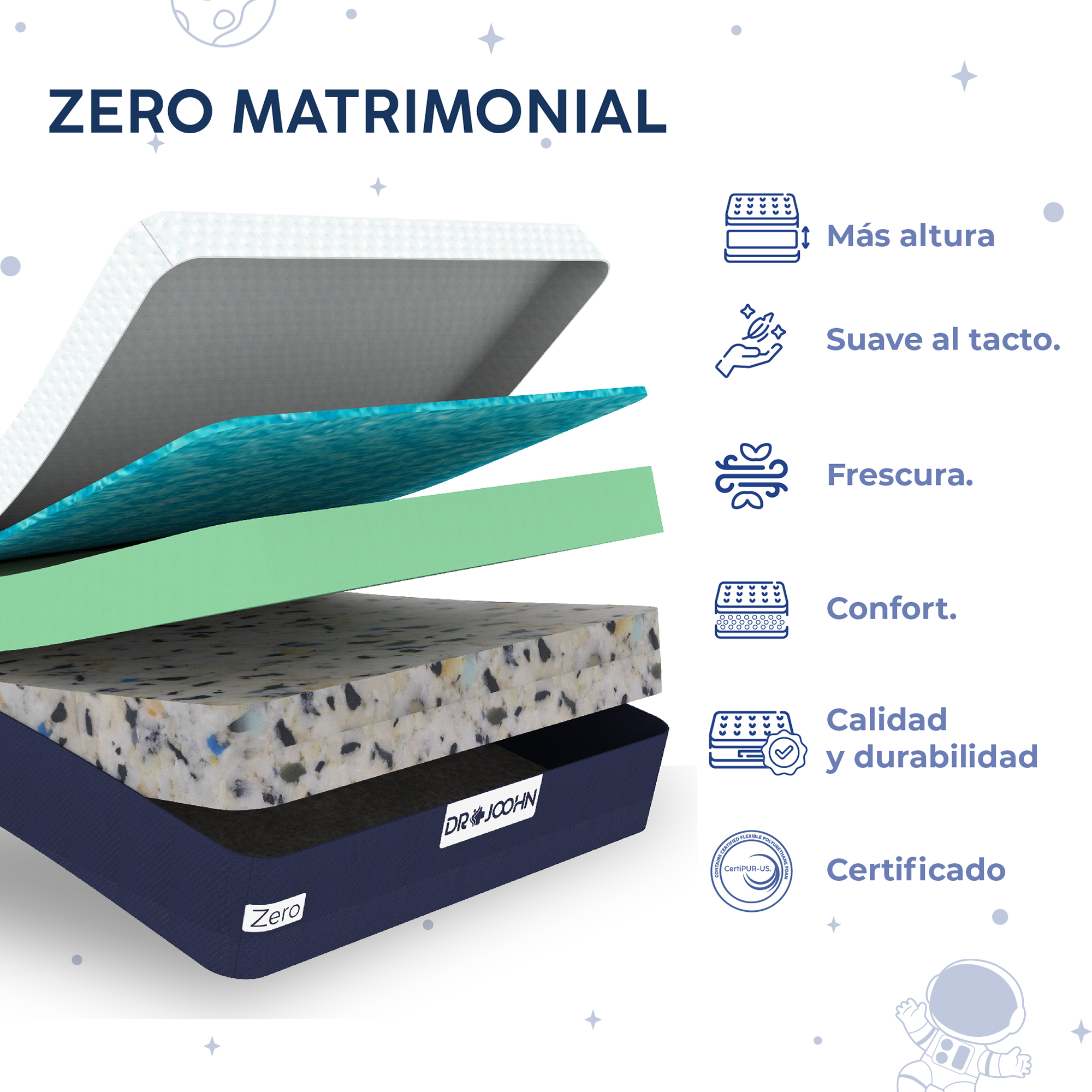 DR JOOHN Colchón Zero Gravity | Matrimonial | 25 cm | Frescura y Comodidad | 3 Capas de Espuma de Alta Densidad | Firme | Sanitized y CertiPUR-US.