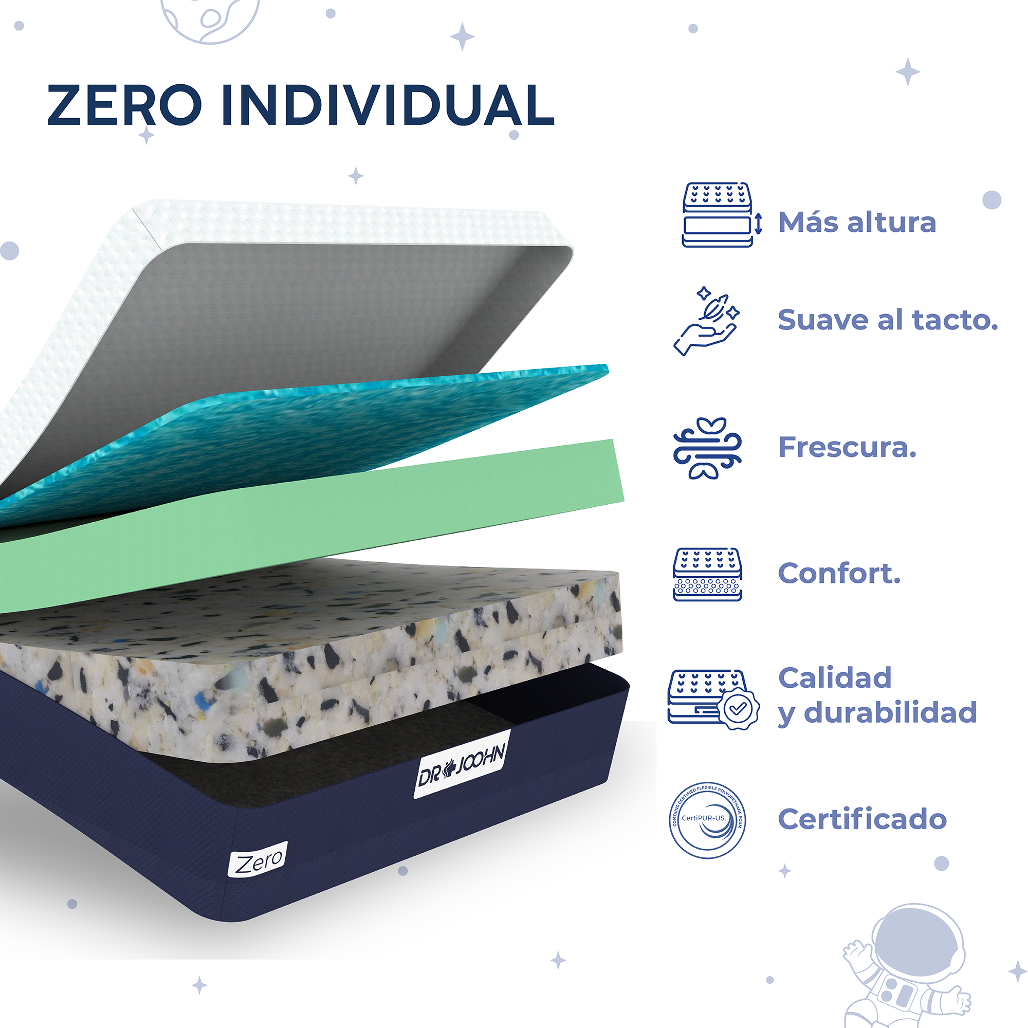 DR JOOHN Colchón Zero Gravity | Individual | 25 cm | Frescura y Comodidad | 3 Capas de Espuma de Alta Densidad | Firme | Sanitized y CertiPUR-US.